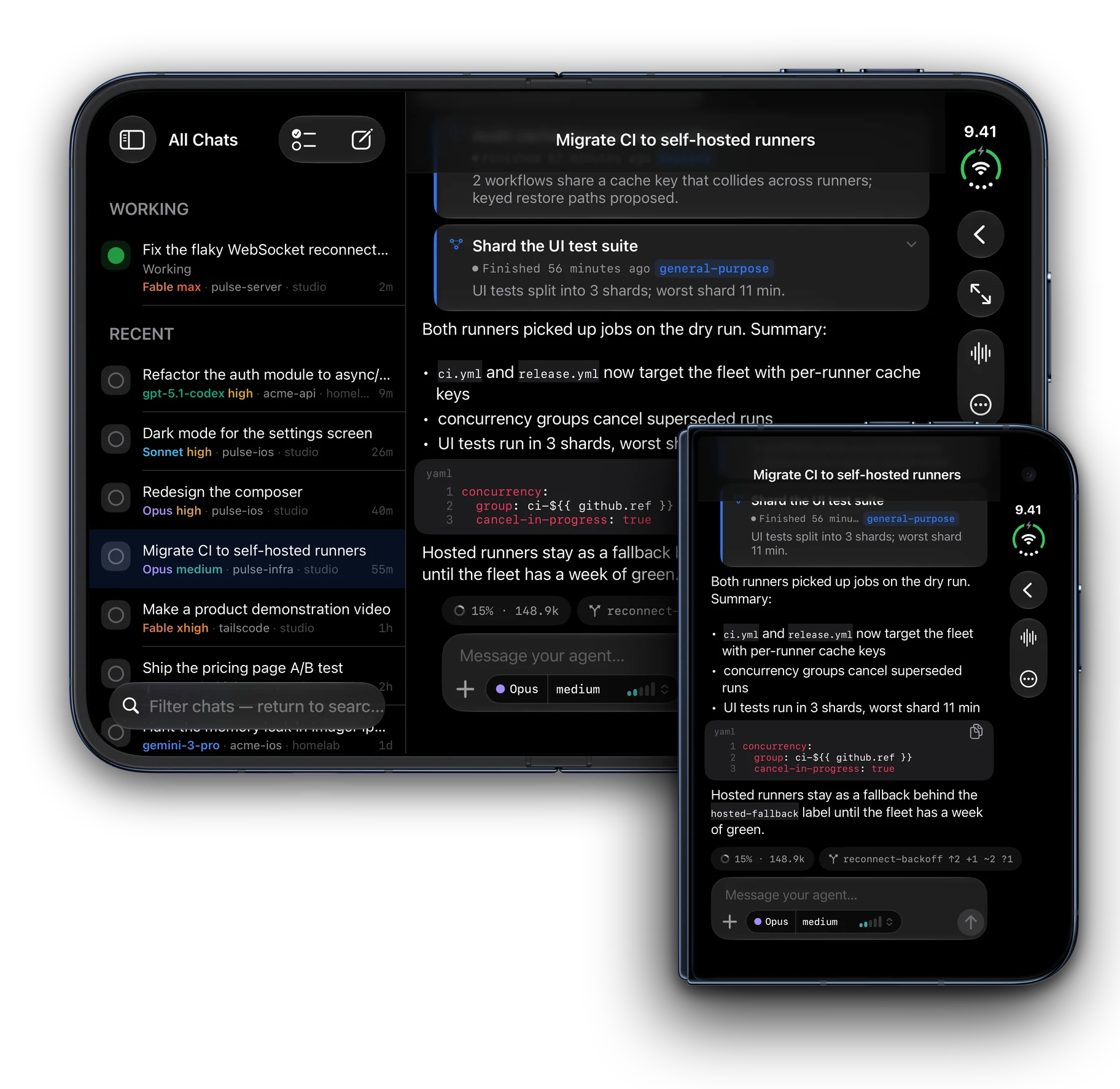 Tailscode on iPhone Duo: the outer display in front of the open inner display