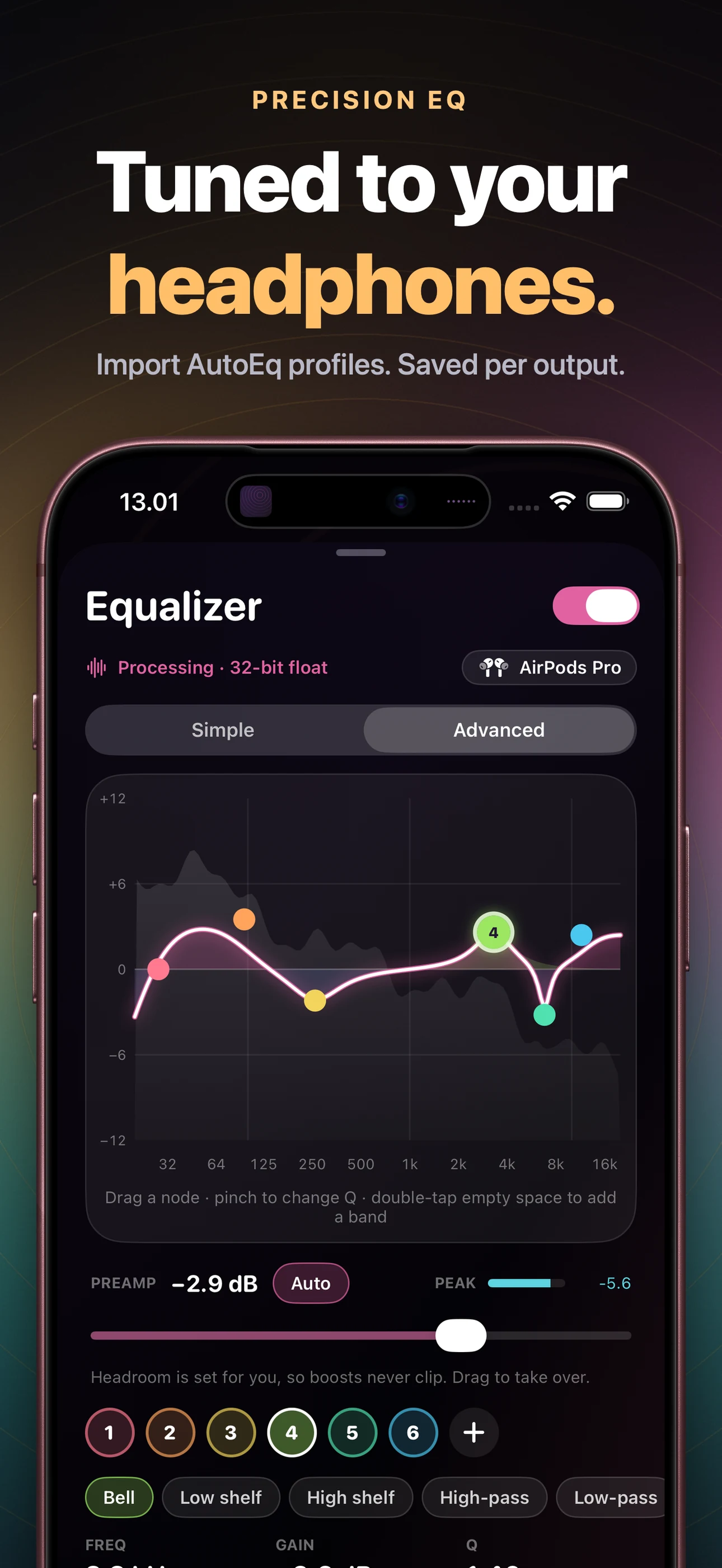 Flaccy — Advanced mode: up to ten bands, AutoEq import, and a profile for every output.