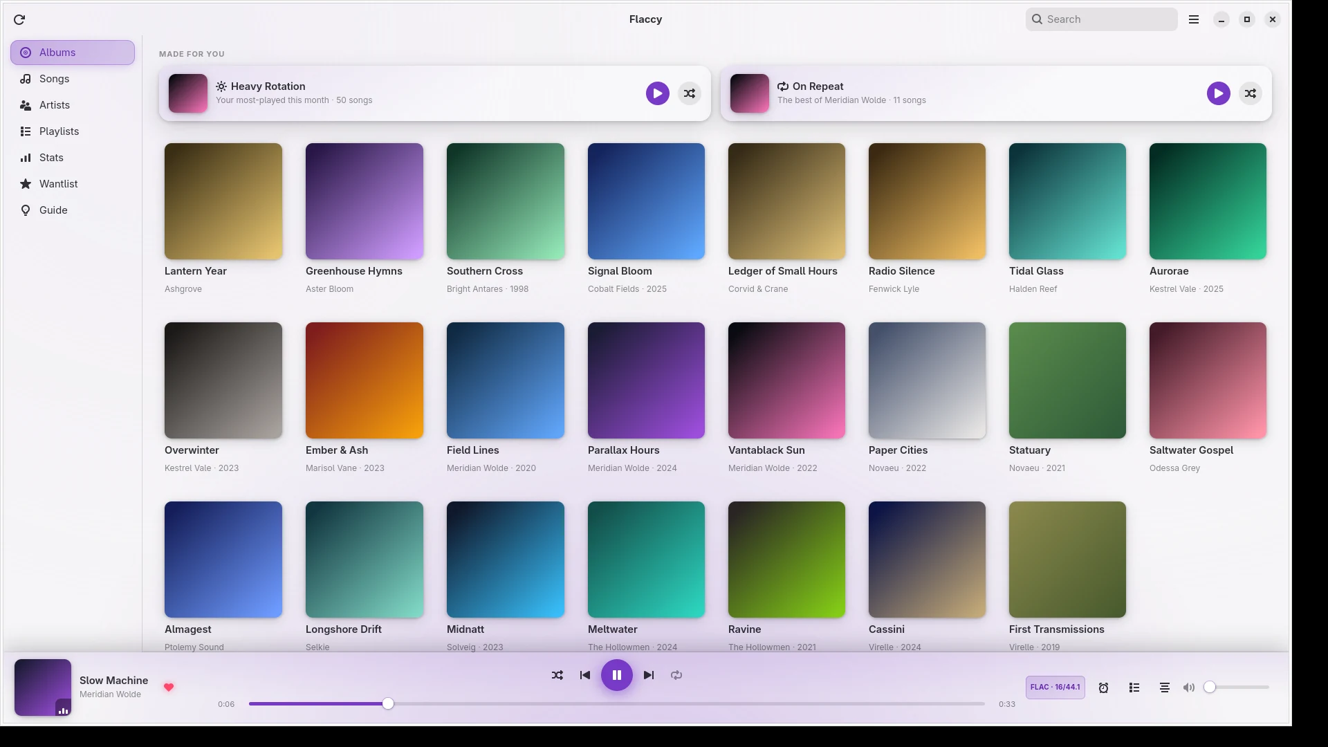Flaccy — Light or dark — plus an accent that adapts to your music, or seven curated themes to choose from.