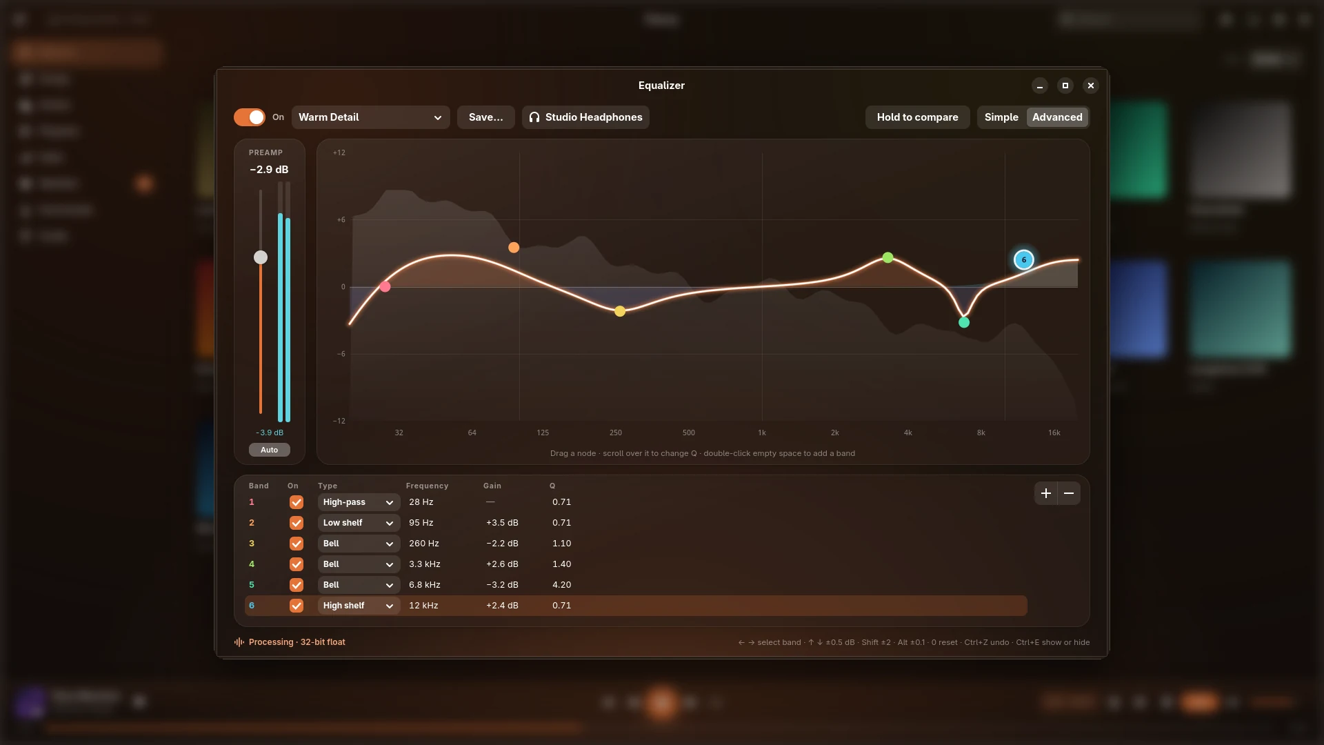 Flaccy — Advanced mode: up to ten bells, shelves and filters in a table, one profile per output.