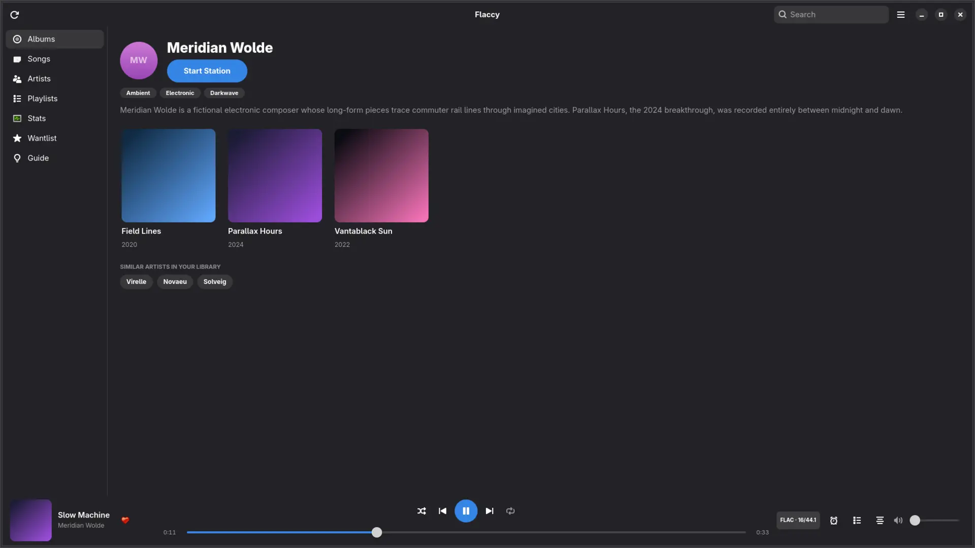 Flaccy — Artist pages with bios, genre chips, and similar artists from your library.