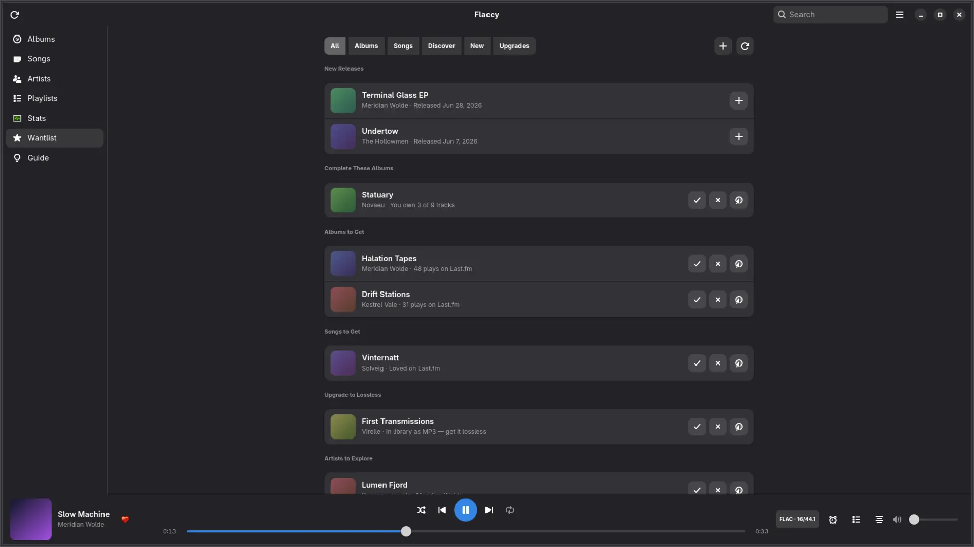 Flaccy — The wantlist tracks albums you’re hunting — gaps, upgrades, and discoveries.