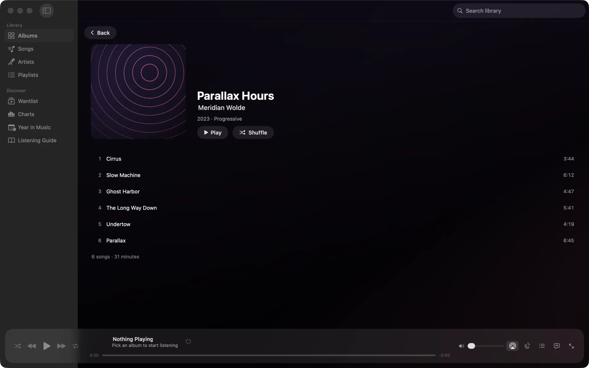 Flaccy — Album pages with play, shuffle, and every track a click away