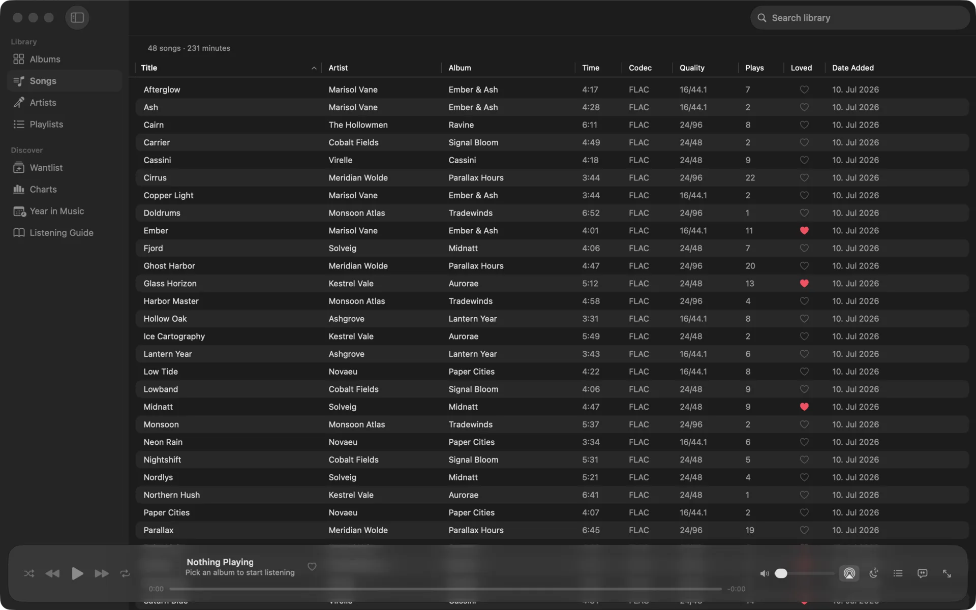 Flaccy — A multi-column song list — sort by codec, quality, plays, or date added