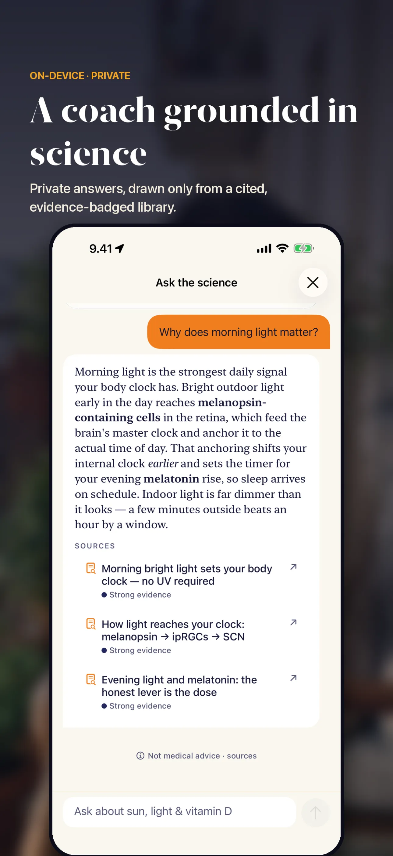 Helia — Ask the science — private answers drawn from a cited, evidence-badged library