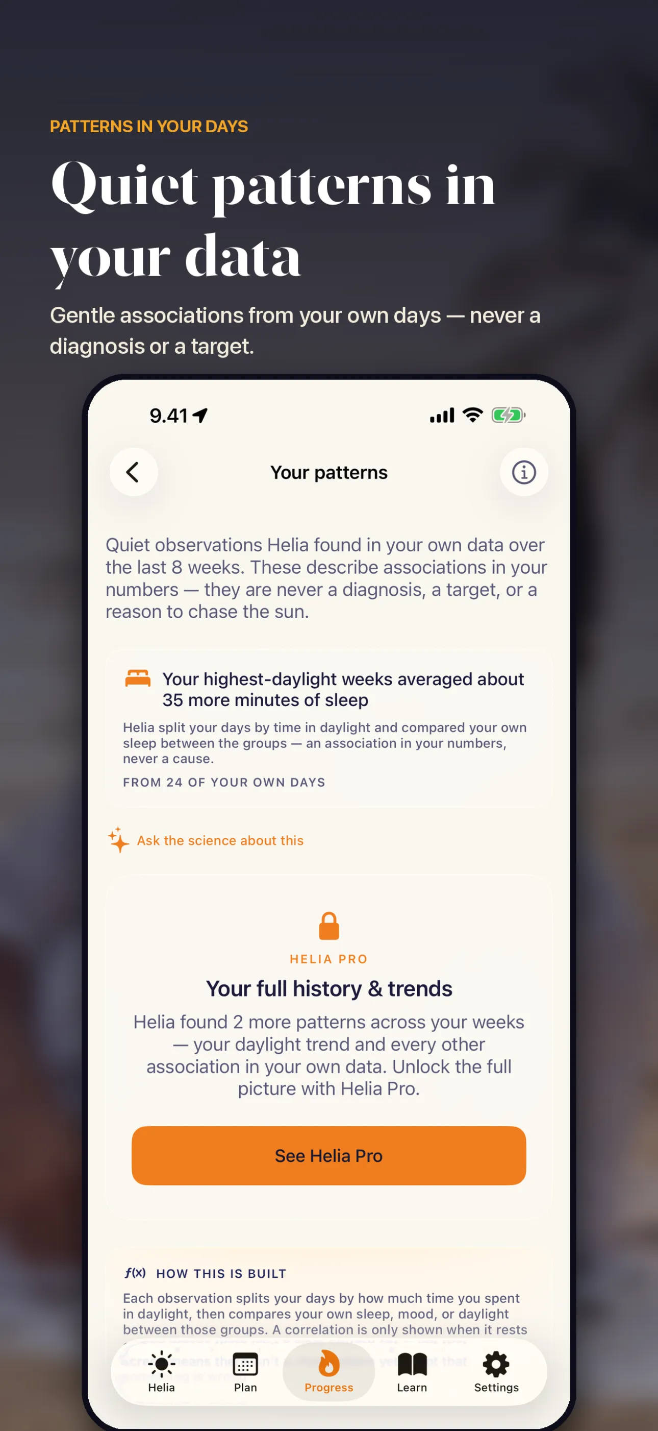 Helia — Quiet patterns from your own days — never a diagnosis or a verdict