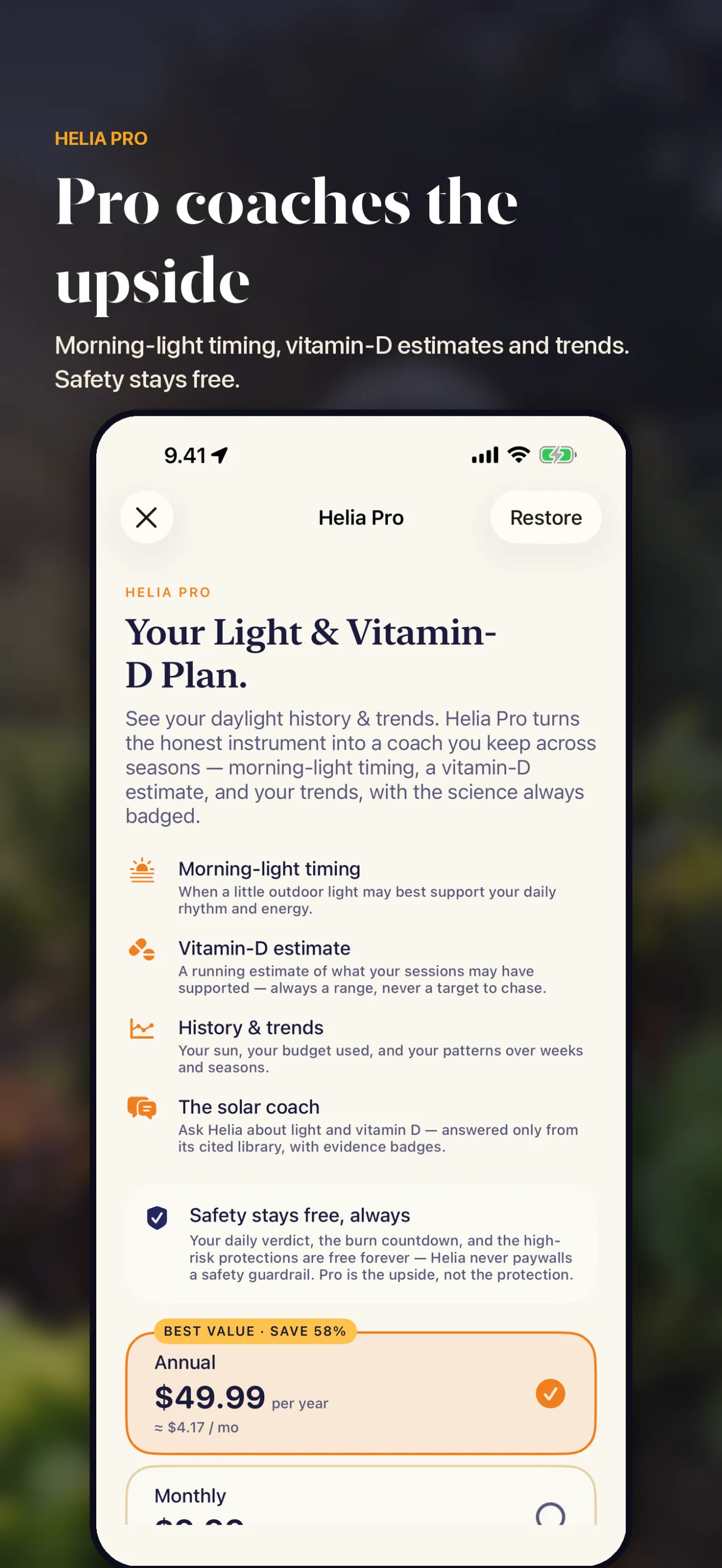 Helia — Pro coaches the upside — morning light, vitamin D, trends. Safety stays free
