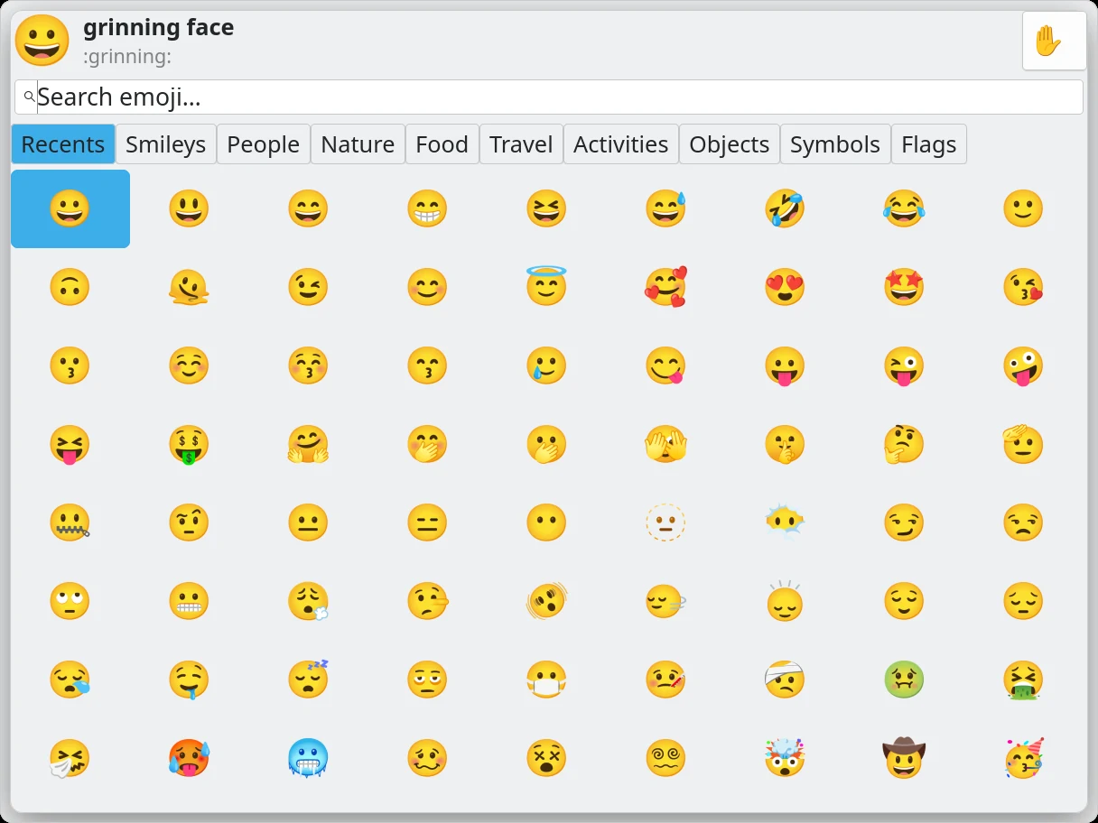 emojipick on KDE Plasma: the search box, category tabs and a grid of emoji