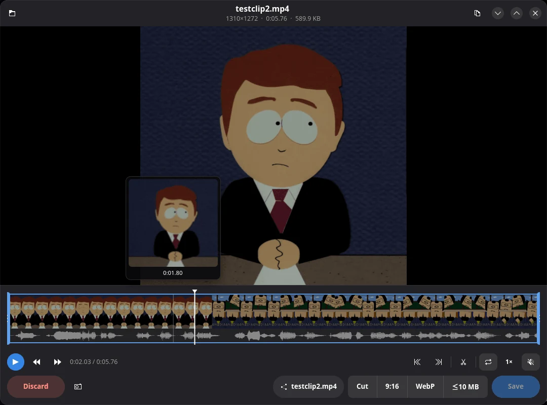 recview reviewing a clip: filmstrip timeline with a waveform, trim handles and export controls
