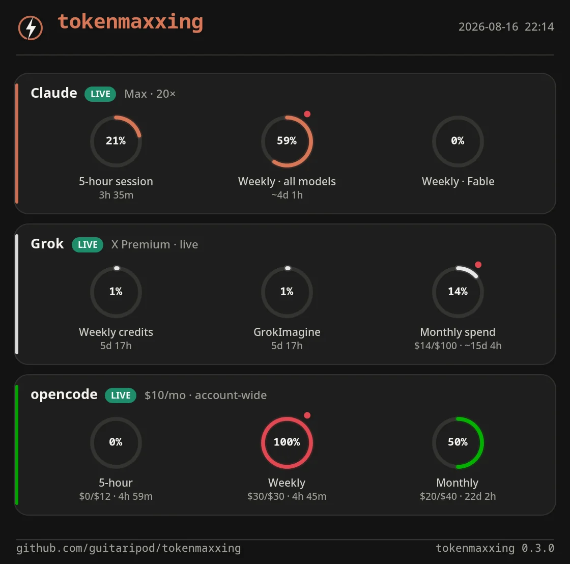 tokenmaxxing on KDE: quota rings for Claude, Grok and opencode