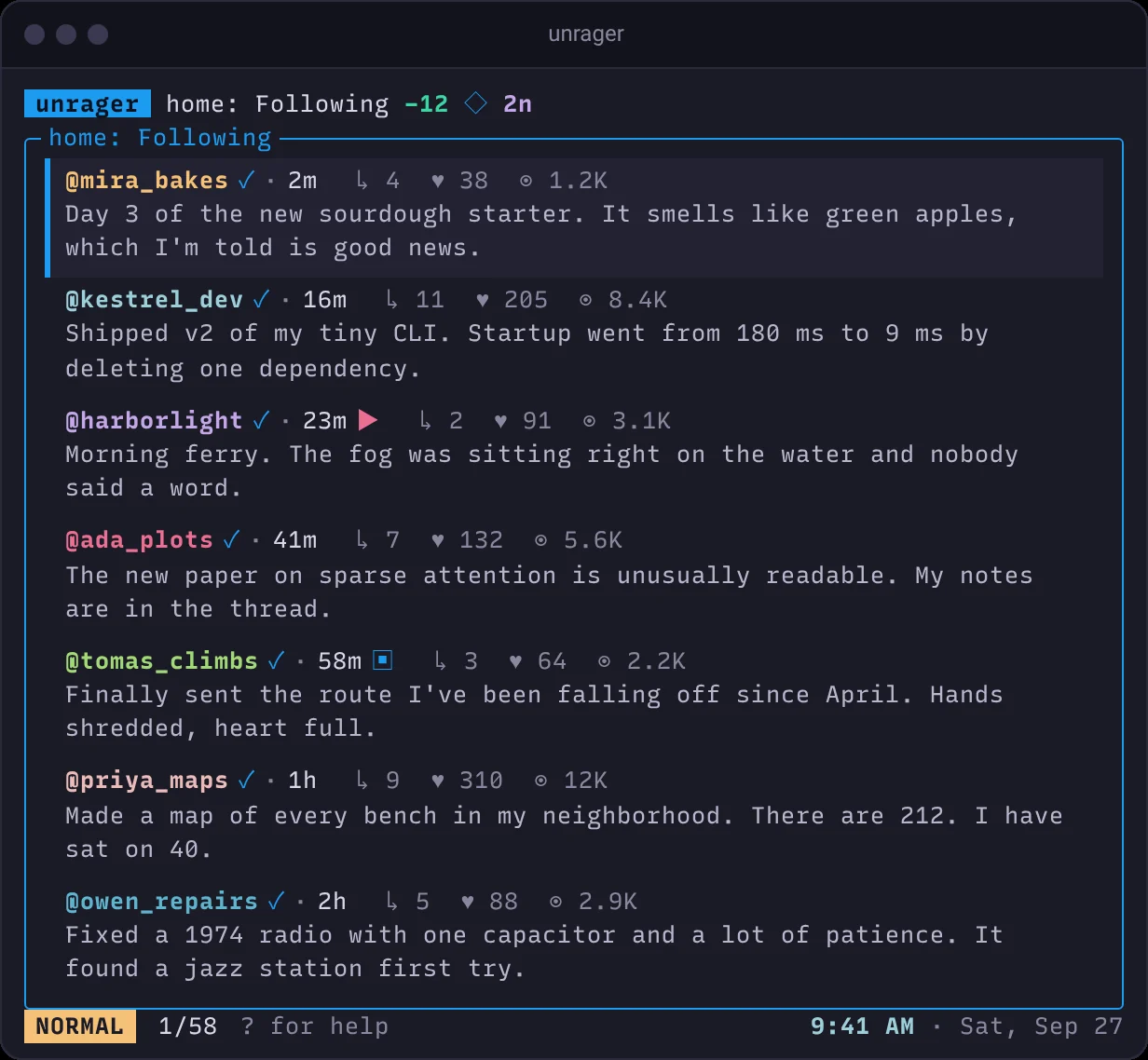 unrager's terminal client showing the Following timeline with twelve posts filtered out