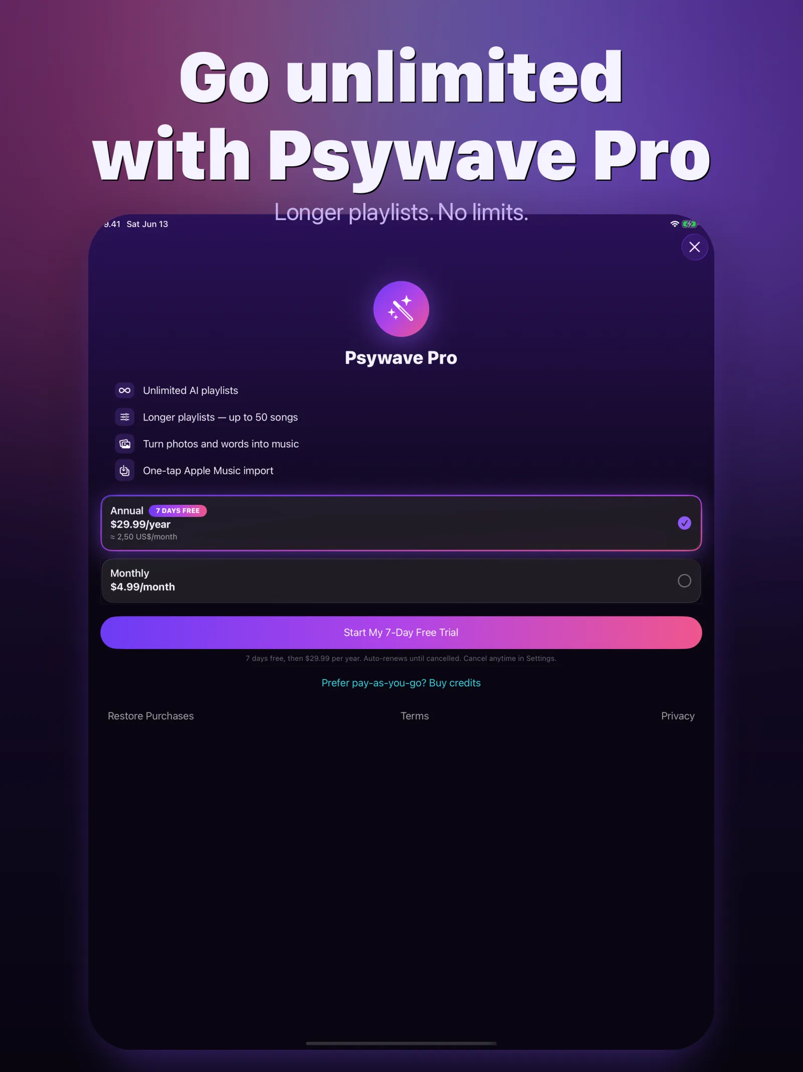 Psywave — Unlimited playlists or credit packs