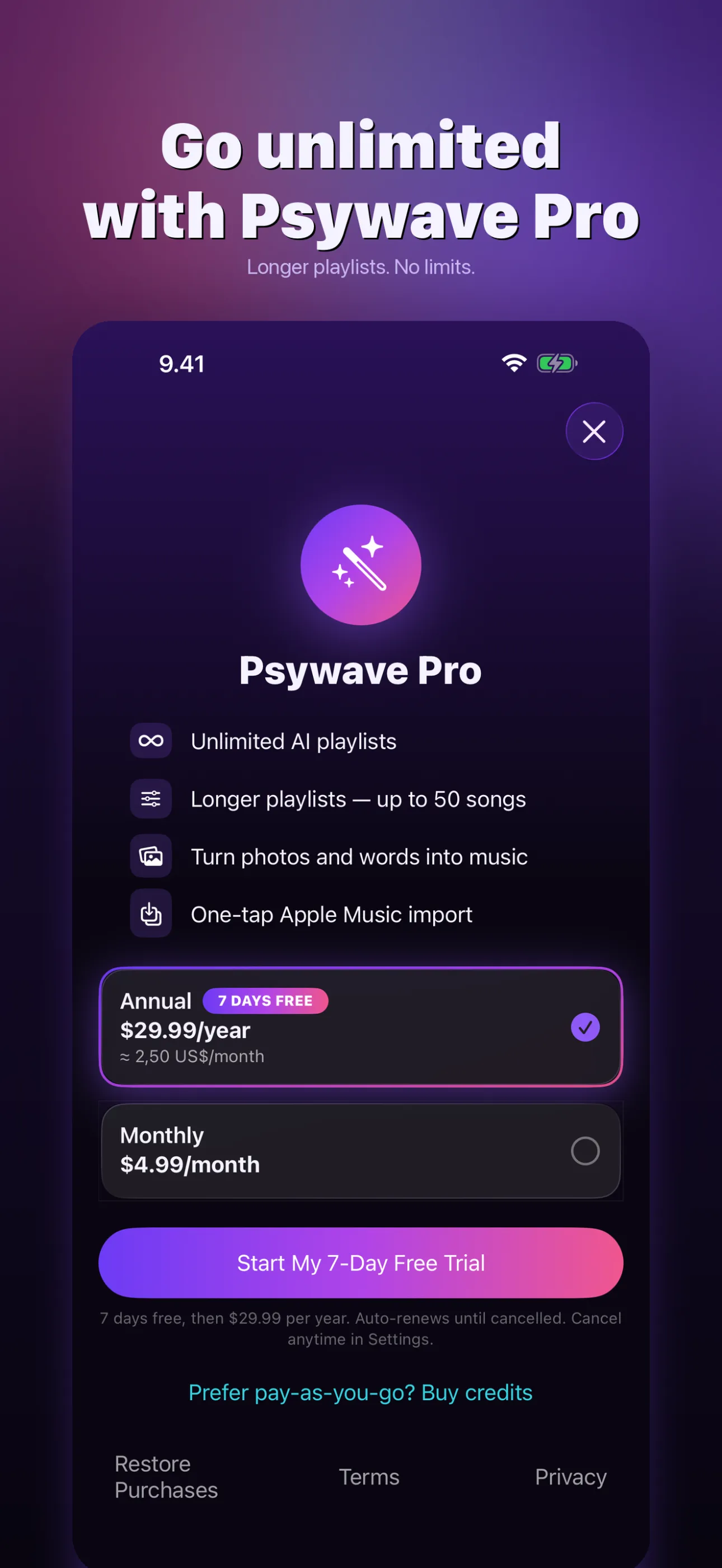 Psywave — Unlimited playlists or credit packs