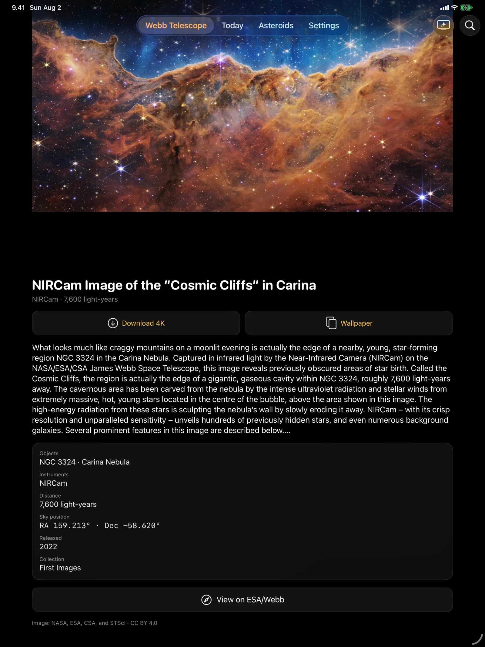 Solar Beam — Caption, objects, instruments, distance, sky position and the CC BY 4.0 credit