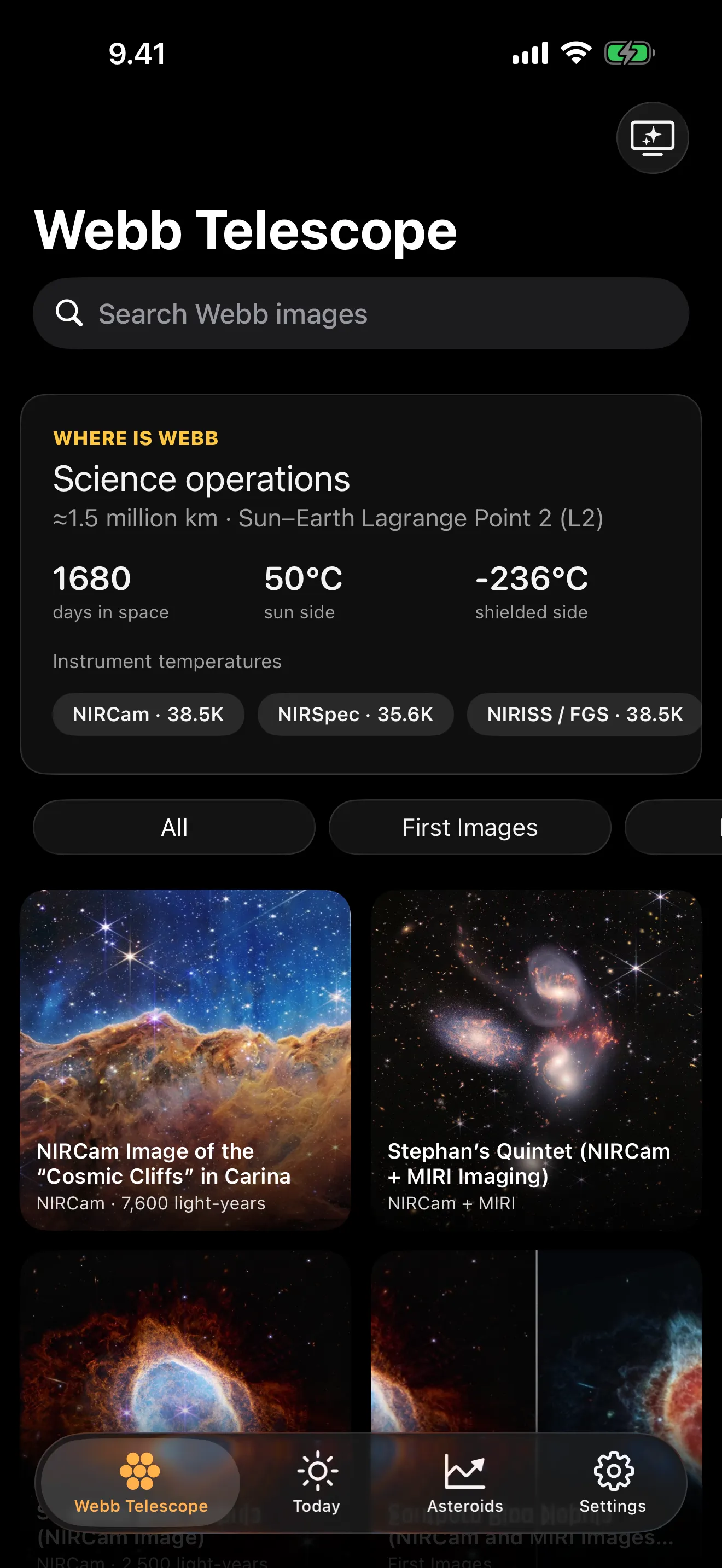 Solar Beam — The live “Where Is Webb” status card sits above the gallery
