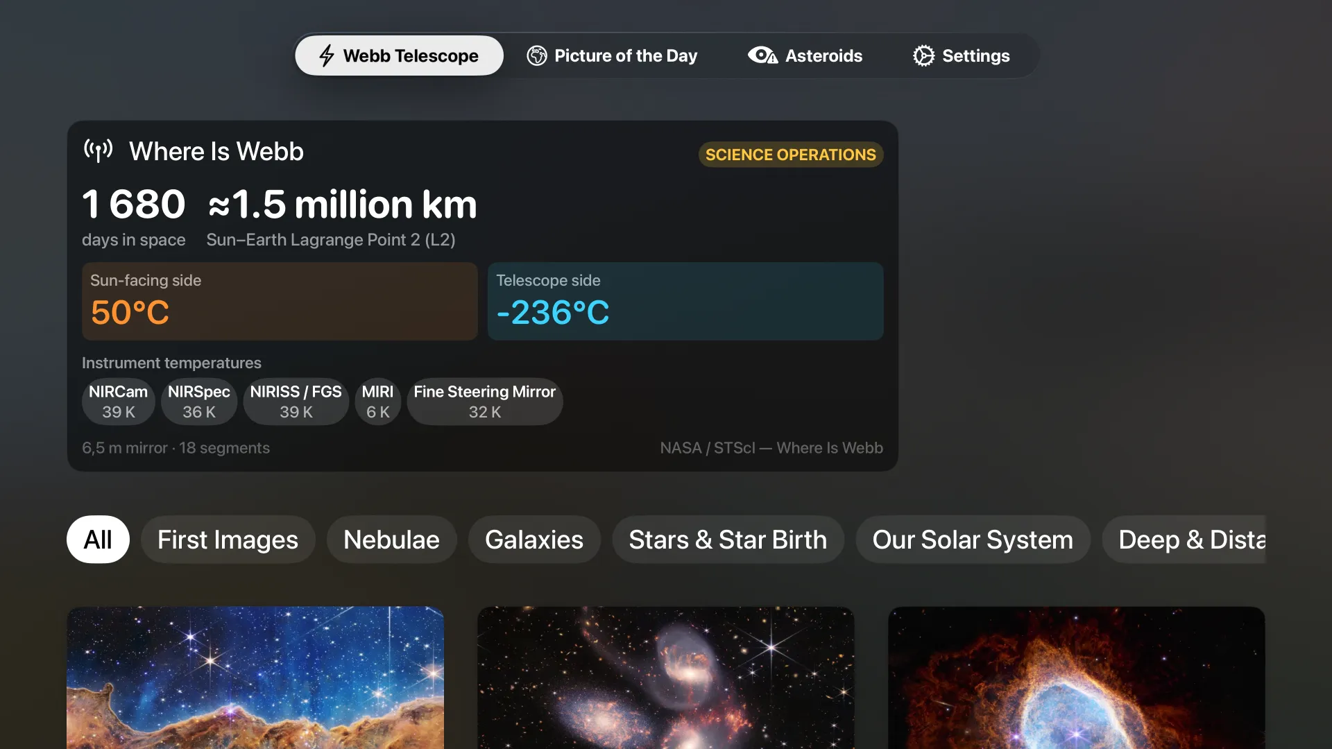 Solar Beam — The live “Where Is Webb” dashboard on Apple TV