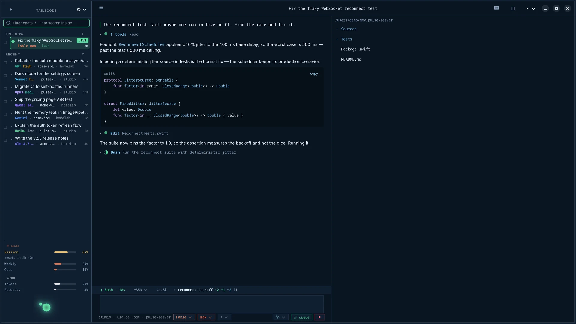 Tailscode for Linux wearing the Suomi theme's dark face