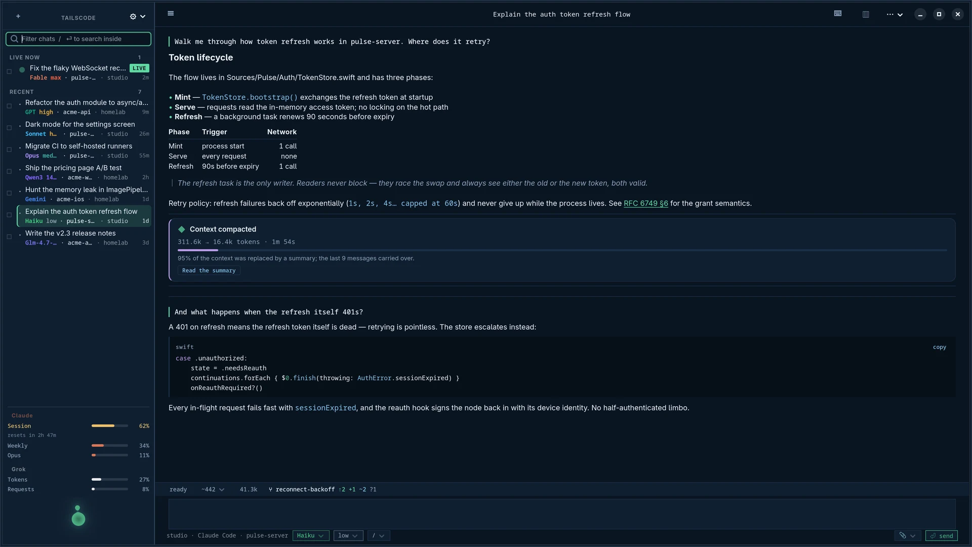 Tailscode for Linux: a compaction rendered as a readable seam in the transcript