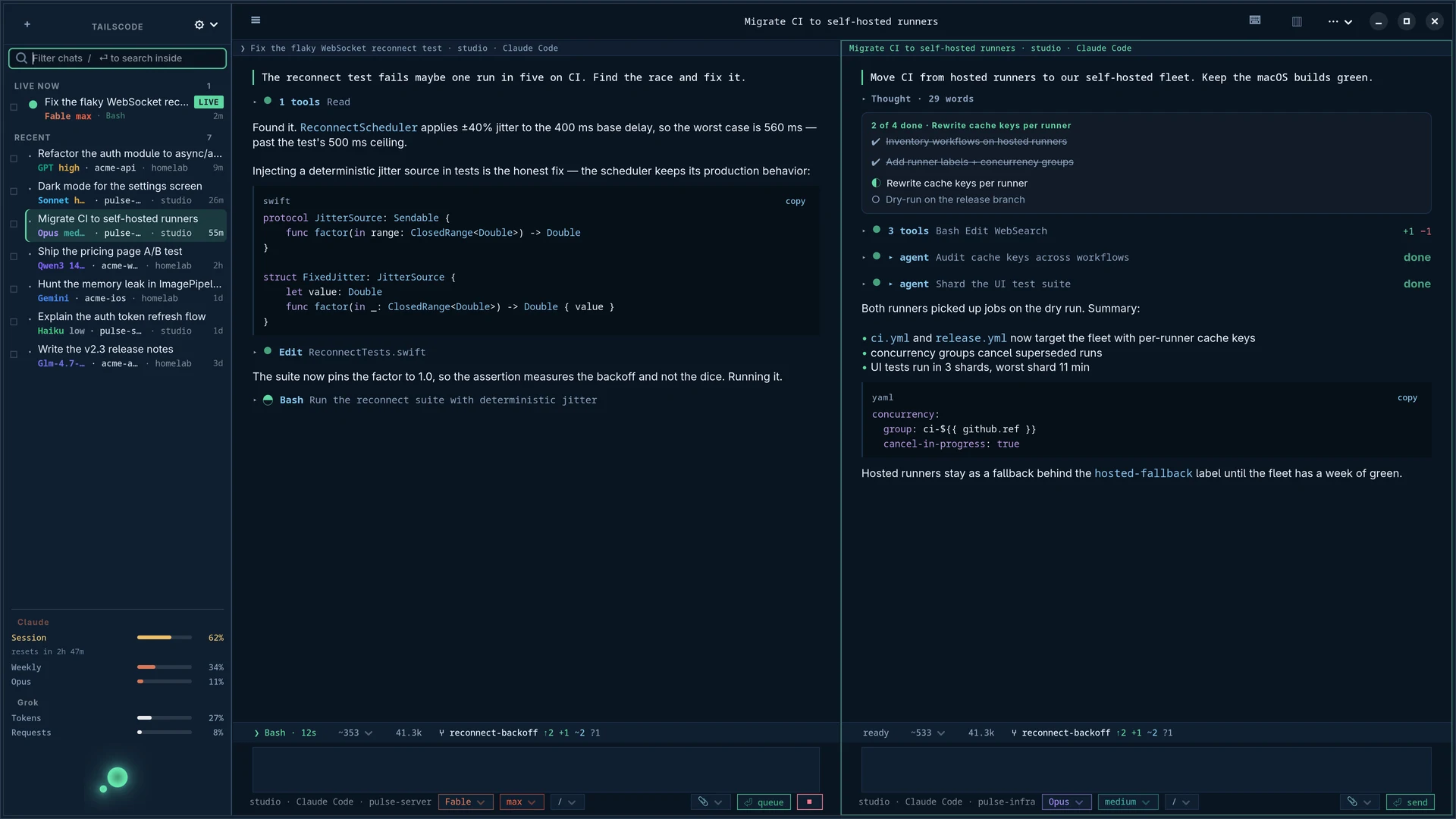 Tailscode for Linux, Suomi theme dark: Two sessions side by side — subagents fanning out, todos burning down