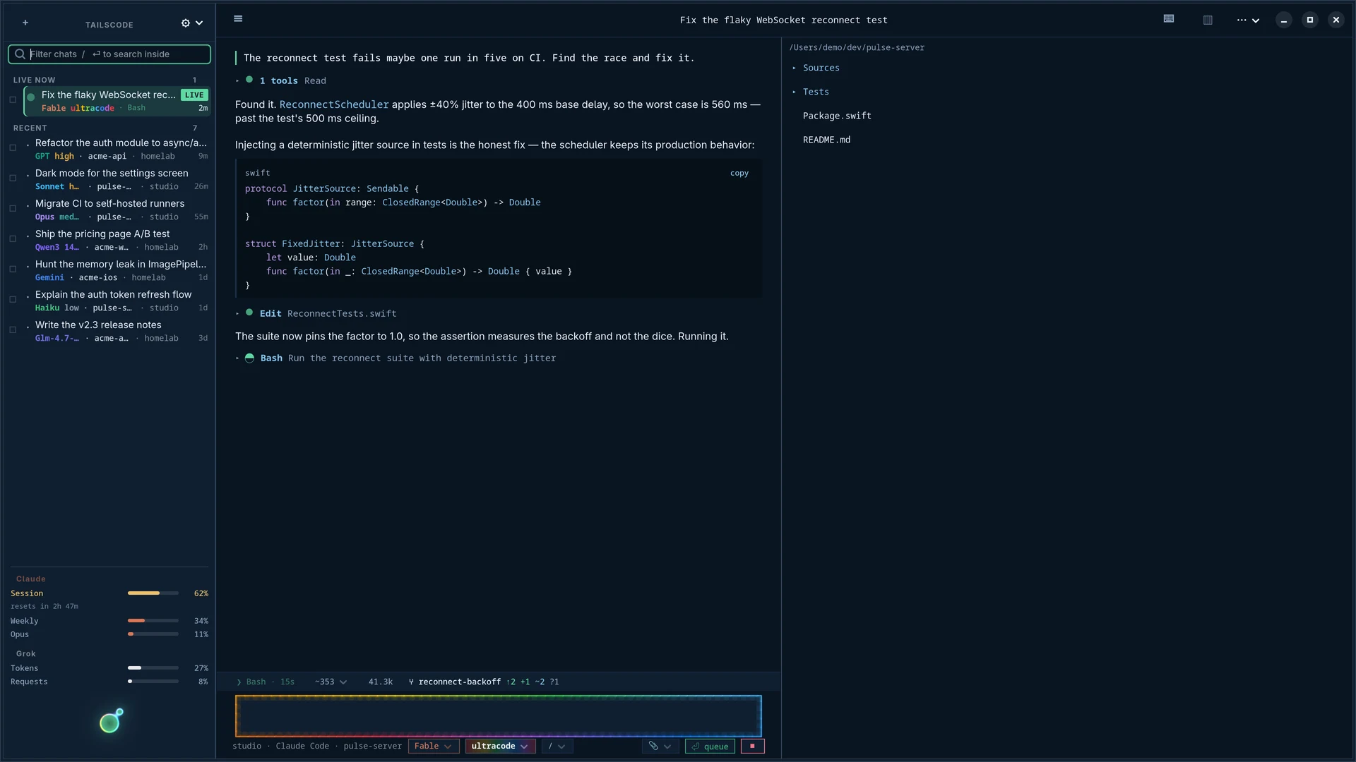 Tailscode for Linux: an ultracode turn — the composer's edge burns with the rainbow, the effort chip names it