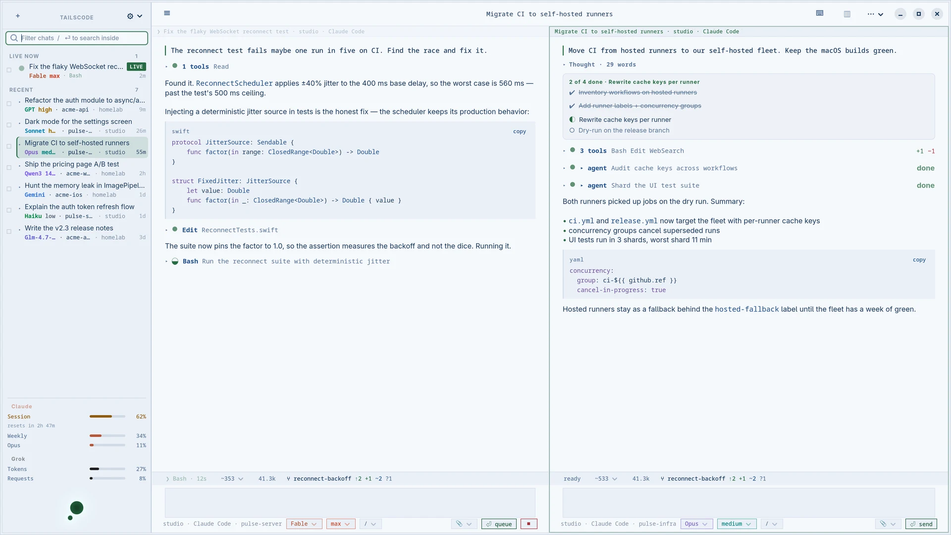 Tailscode for Linux, Suomi theme light: Two sessions side by side — subagents fanning out, todos burning down