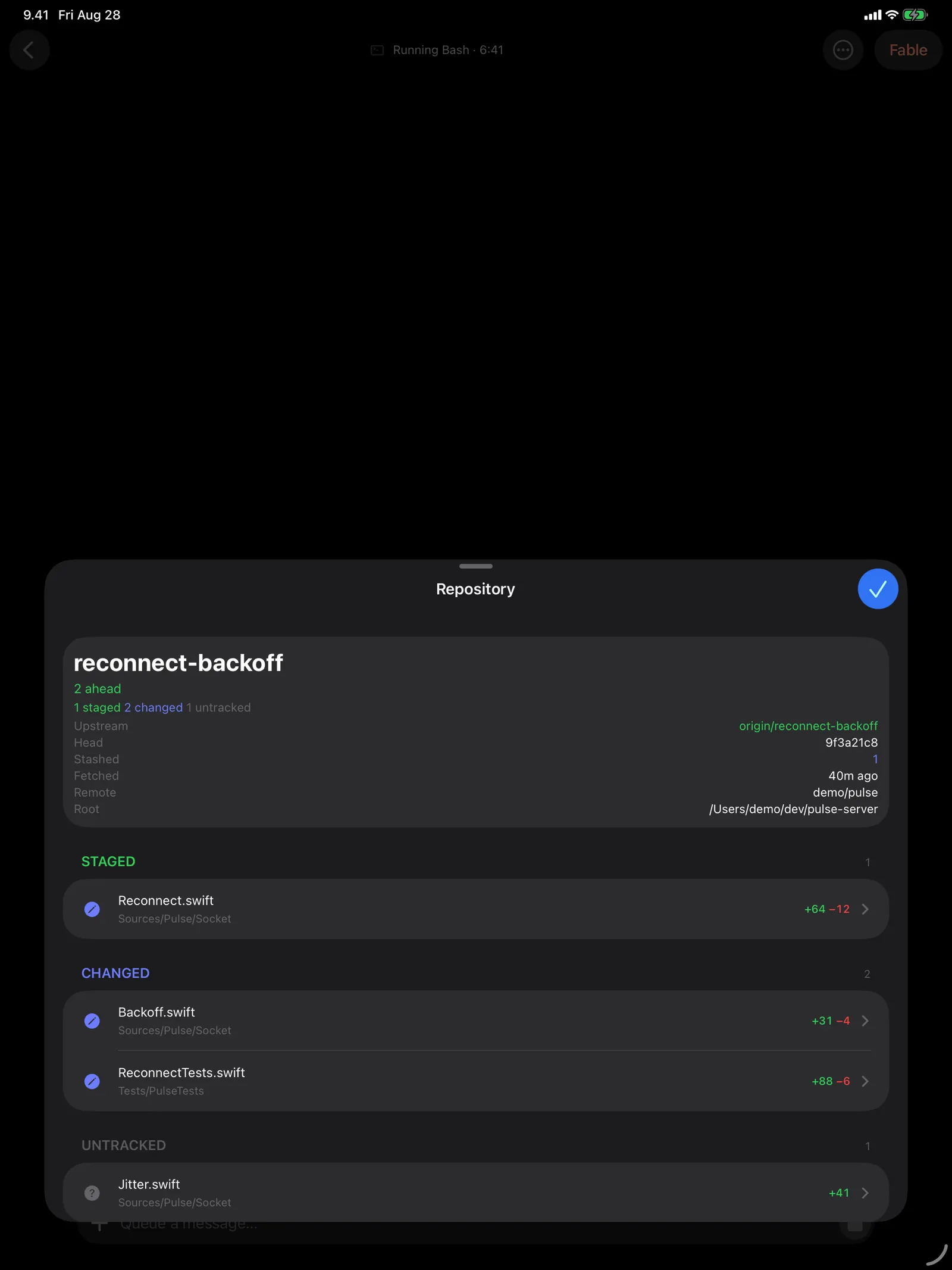 Tailscode on iPad: Branch, staged, changed — the repo straight from the machine