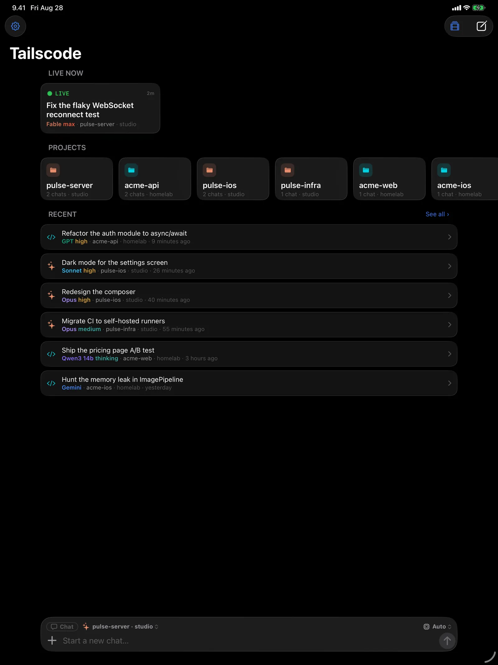 Tailscode on iPad: Home on iPad — machines, projects, and recents in a readable column