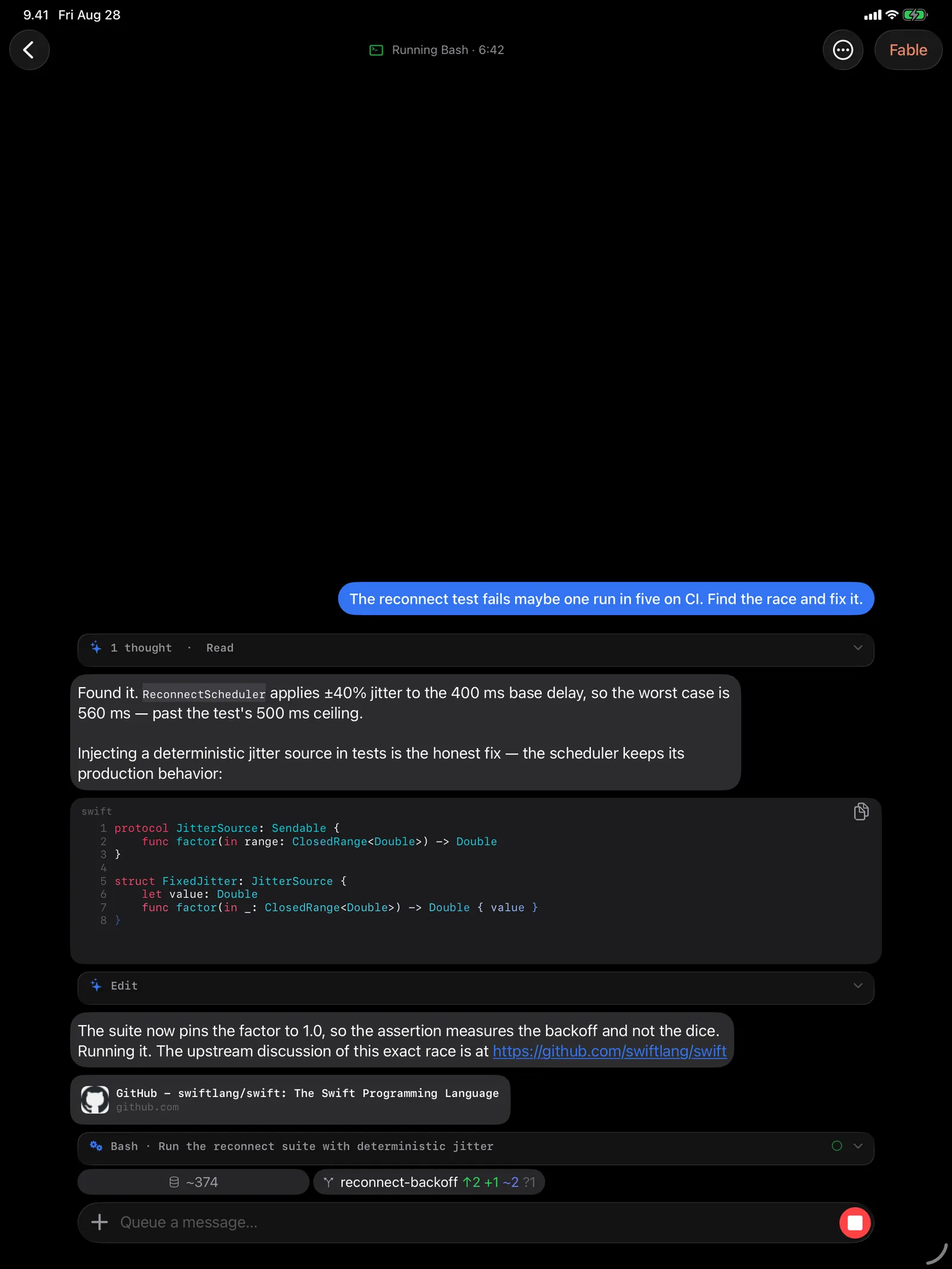 Tailscode on iPad: The same live turn, given the room an iPad has: thinking, code, commands