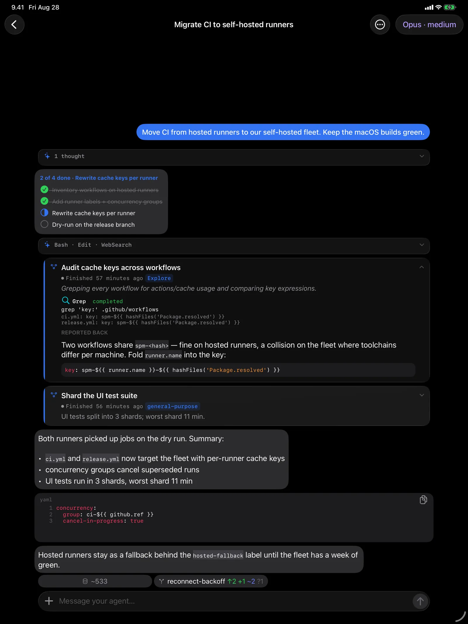 Tailscode on iPad: Subagents fan out and dock inside the turn that spawned them