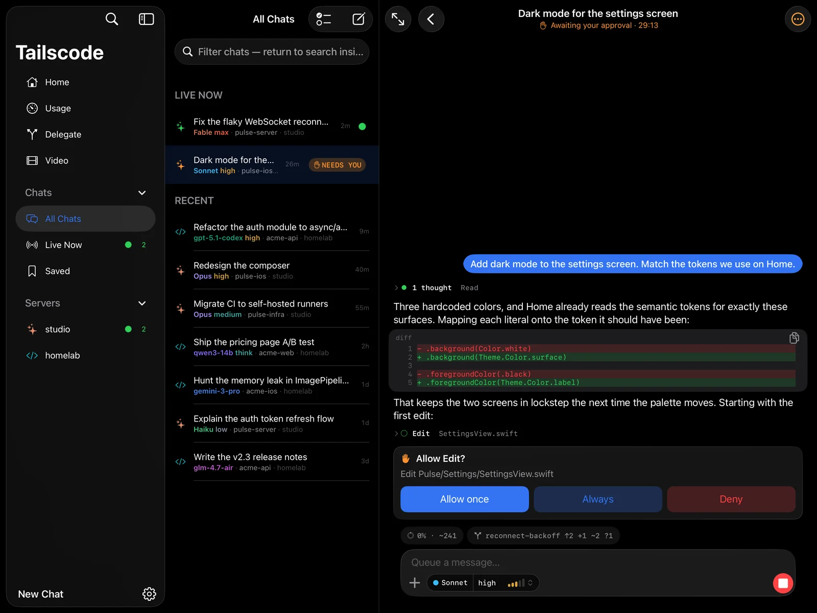 Tailscode on iPad: An edit waits for approval with the list in view, and its chat wears NEEDS YOU while it does
