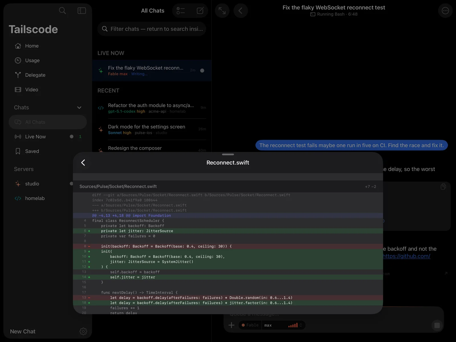 Tailscode on iPad: The real diff rises as a sheet over the conversation, read from the machine that owns the repo
