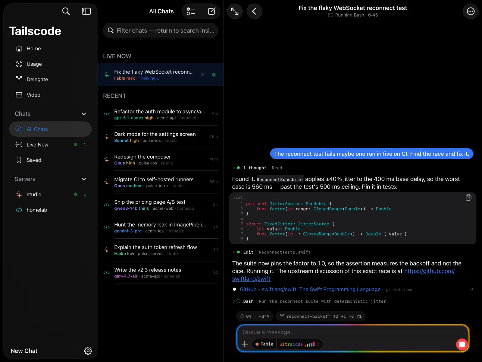 Tailscode on iPad: The workspace: places and servers in the sidebar, every chat beside it, the live turn filling the rest