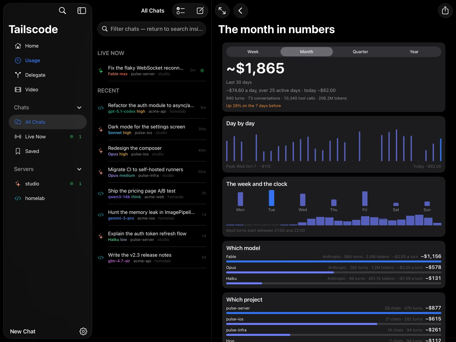 Tailscode on iPad: The month in numbers beside the list: every turn priced, totalled across your machines