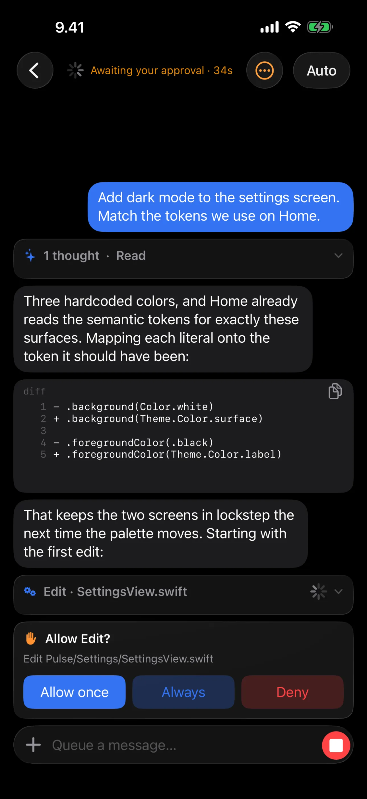 Tailscode — It asks before it edits — allow once, always, or deny, right in the chat