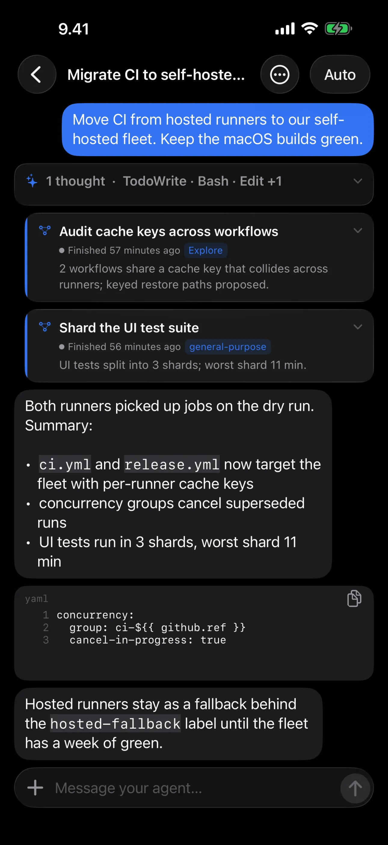 Tailscode — A whole task end to end: todos, edits, subagents, and the summary