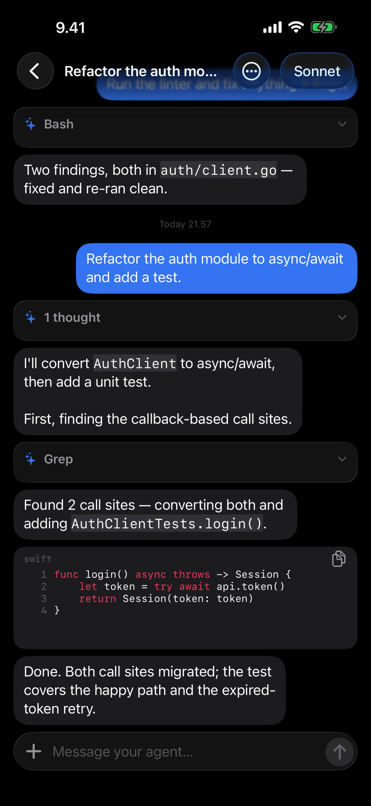 Tailscode — Markdown, syntax-highlighted code, and links render inline
