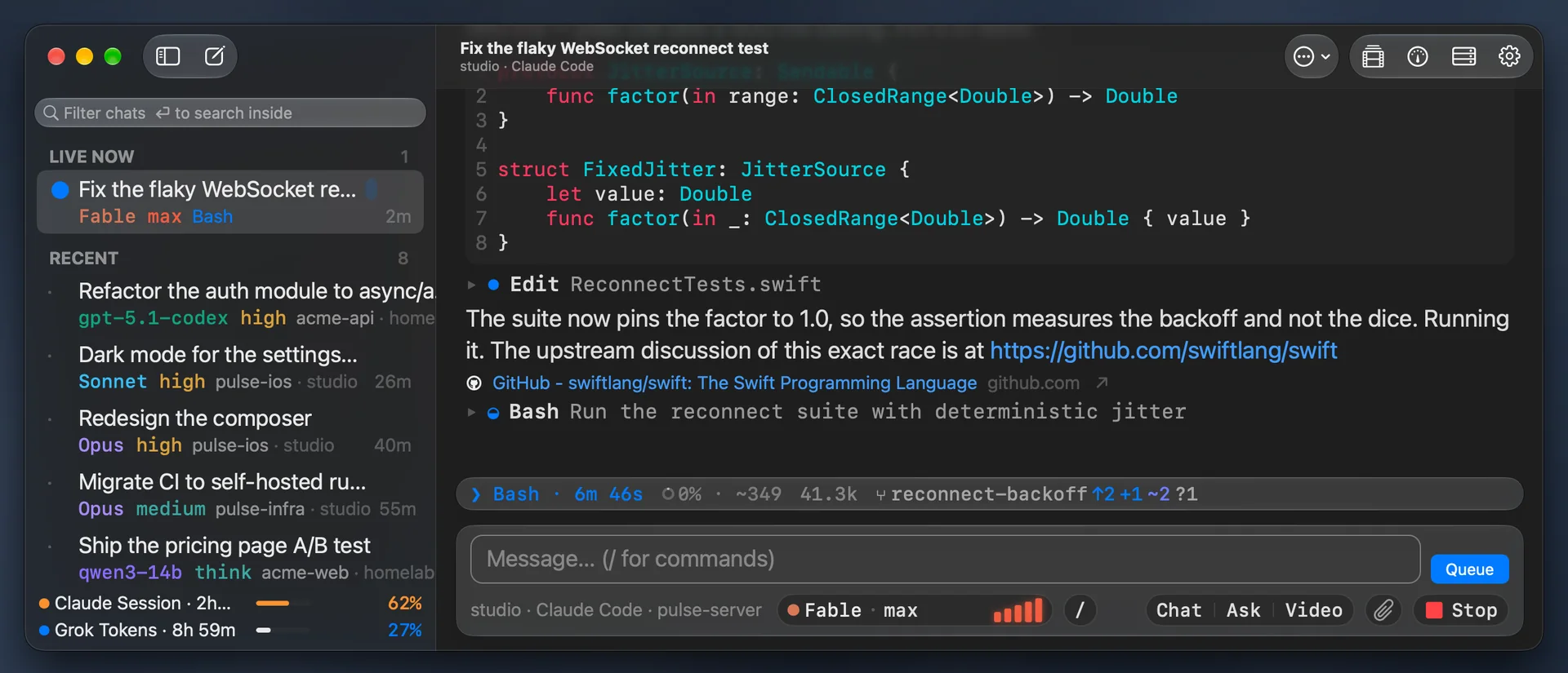 Tailscode for Mac: The Mac in Liquid Glass: every chat in the sidebar, the transcript, the facts row and the model-and-effort pill