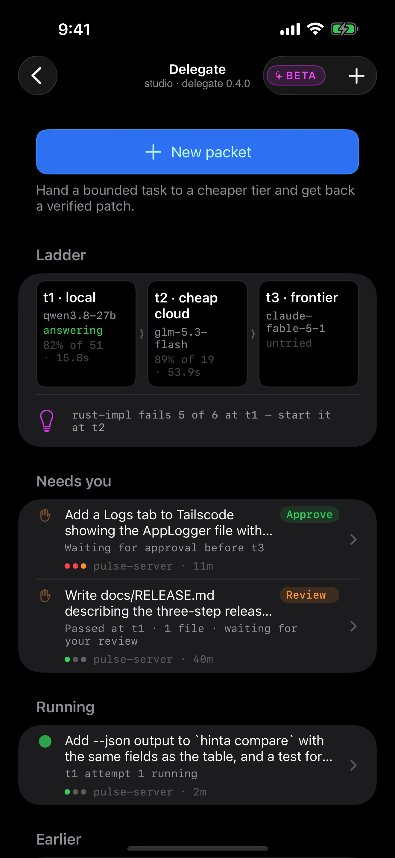 Tailscode on iPhone: Hand off the routine work (beta). A cheaper model tries first, a verifier decides. Nothing lands until it passes.