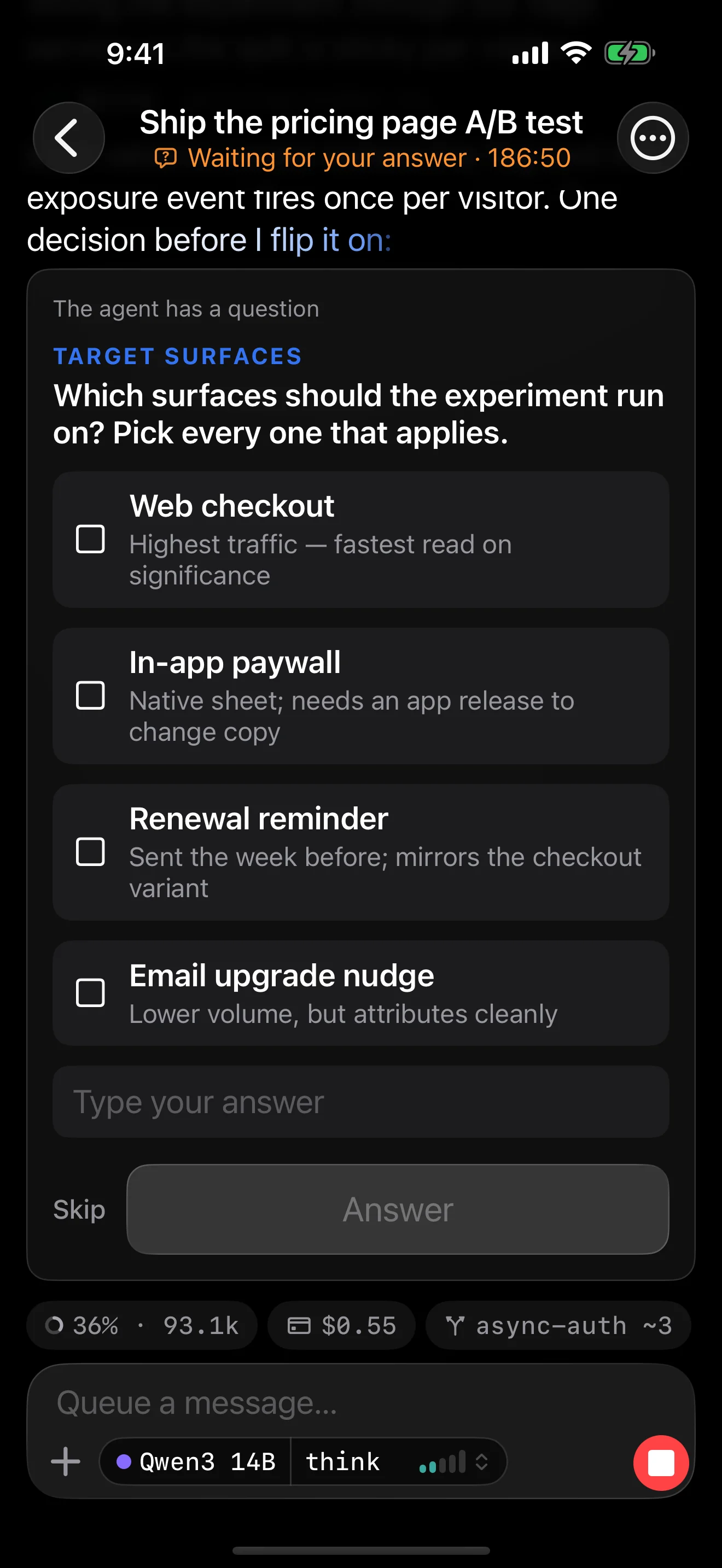 Tailscode on iPhone: When it asks, you answer. A question arrives as a card. Answer with a tap.