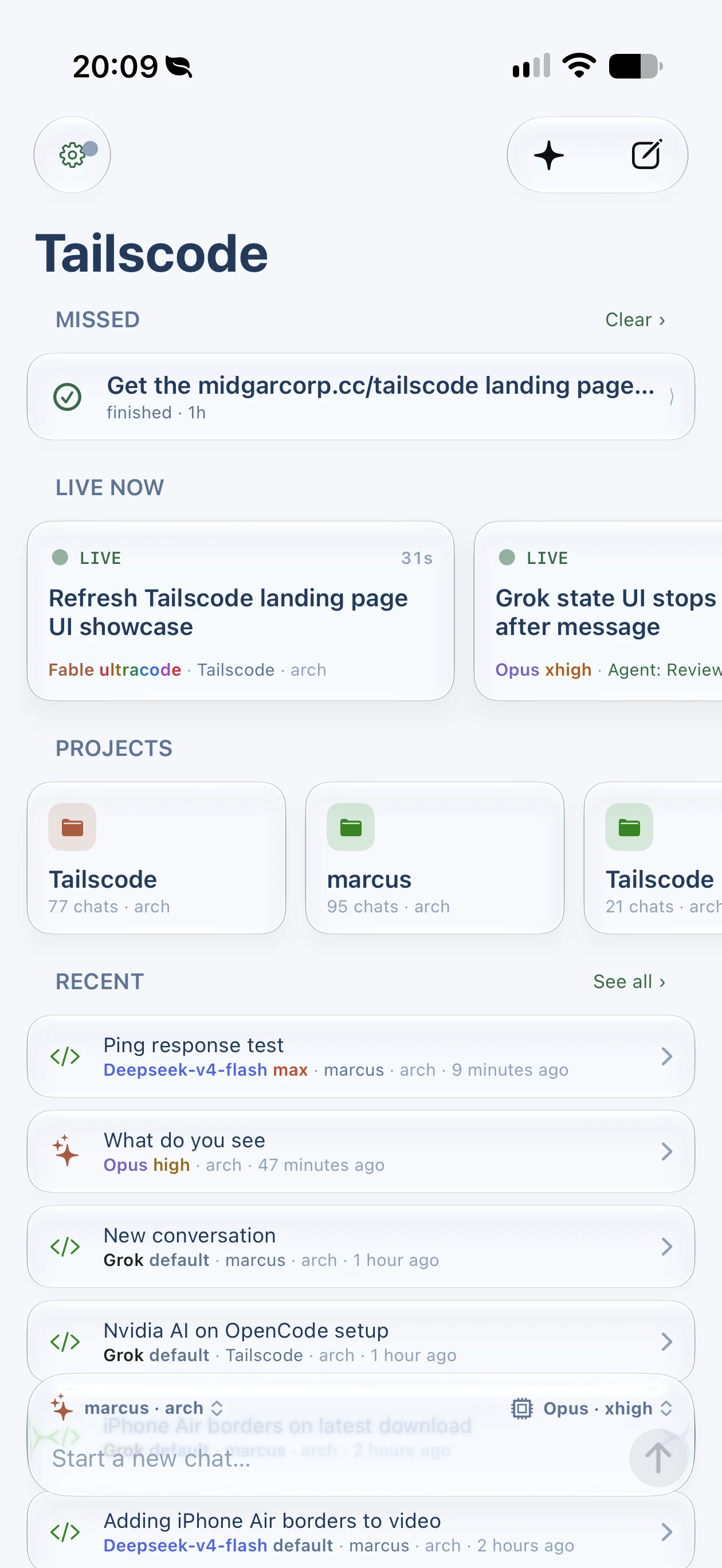 Tailscode on a real iPhone: Two turns live at once — one wearing the ultracode rainbow on its row — over recents from half a dozen models.