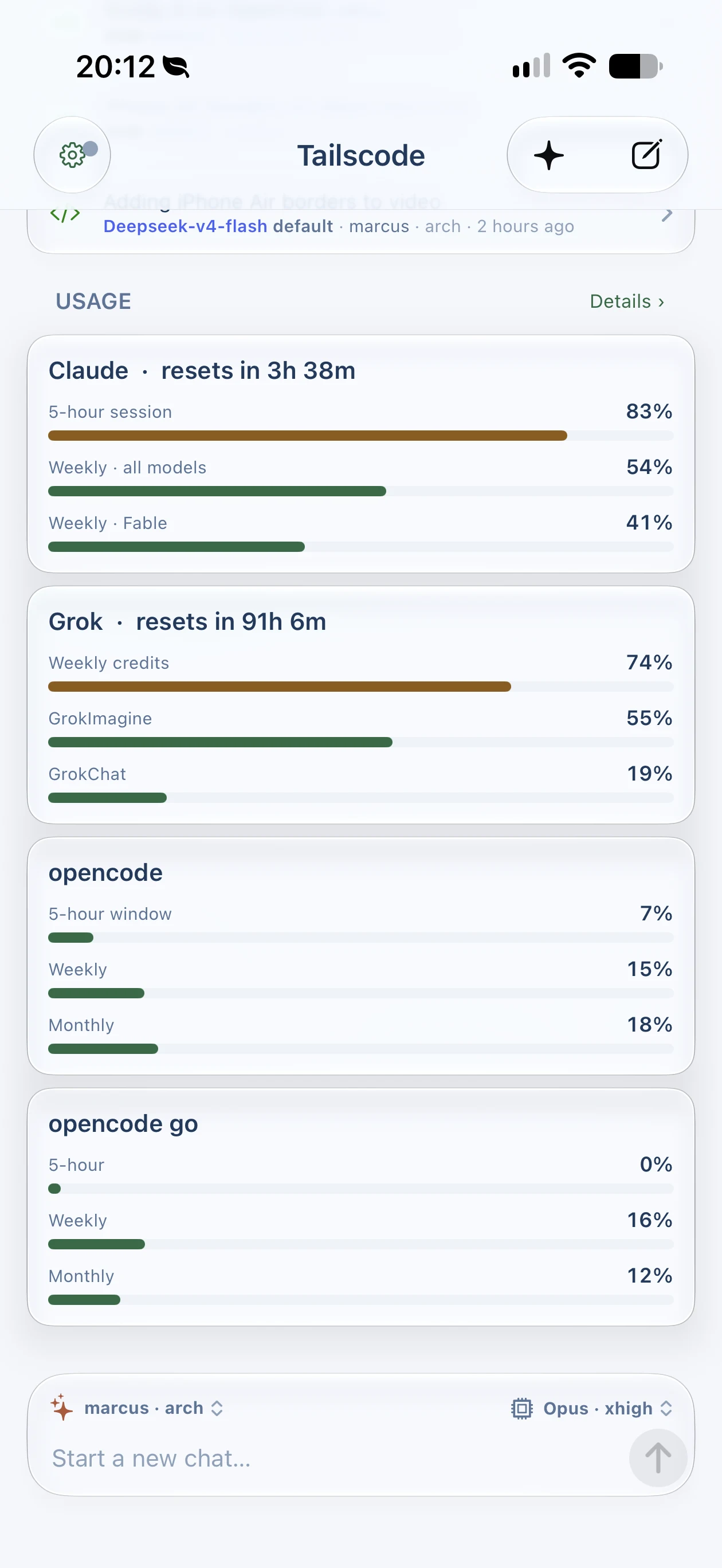 Tailscode on a real iPhone: The tanks, read from the machines themselves: Claude, Grok and opencode, each window with its own reset clock.