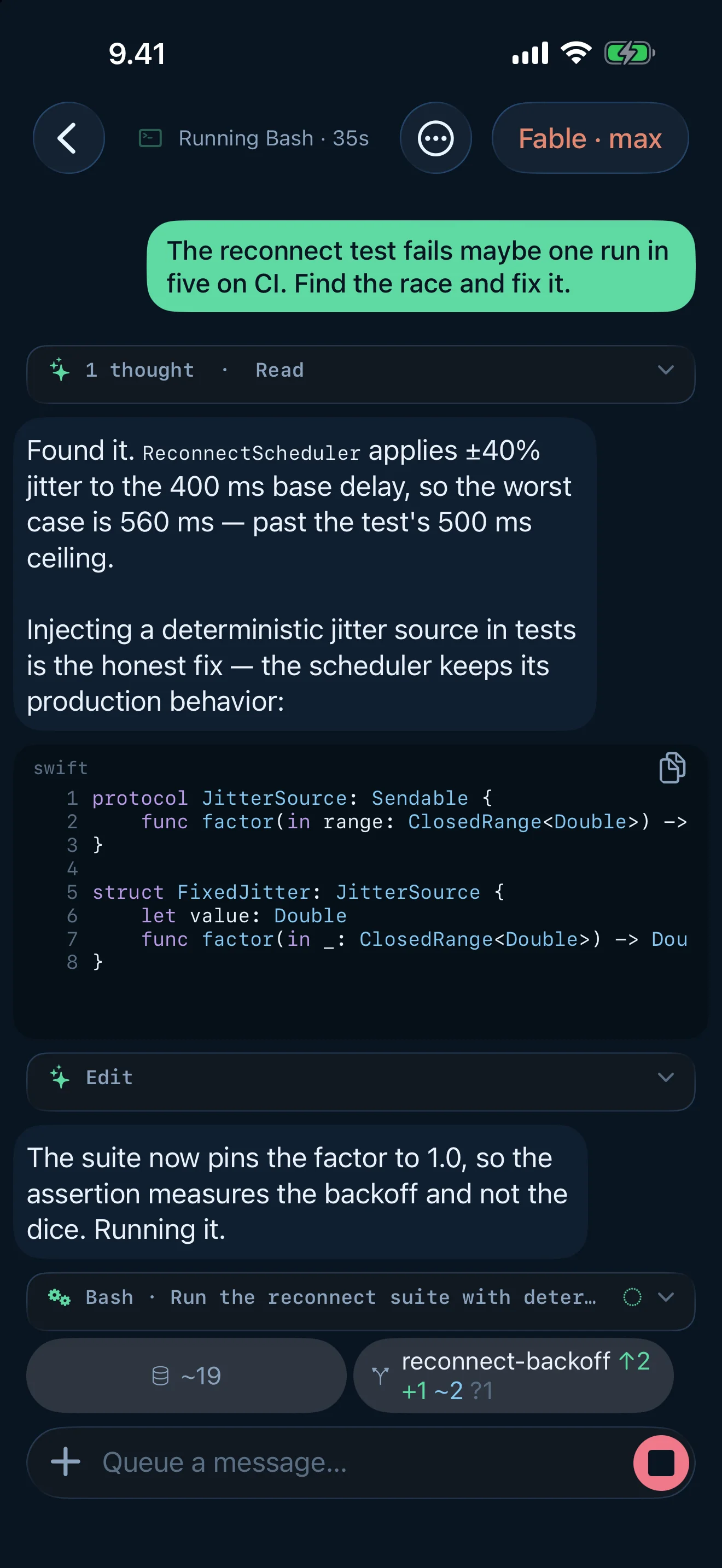 Tailscode on iPhone, Suomi dark: A live turn: the thinking, the code it wrote, the command it's running
