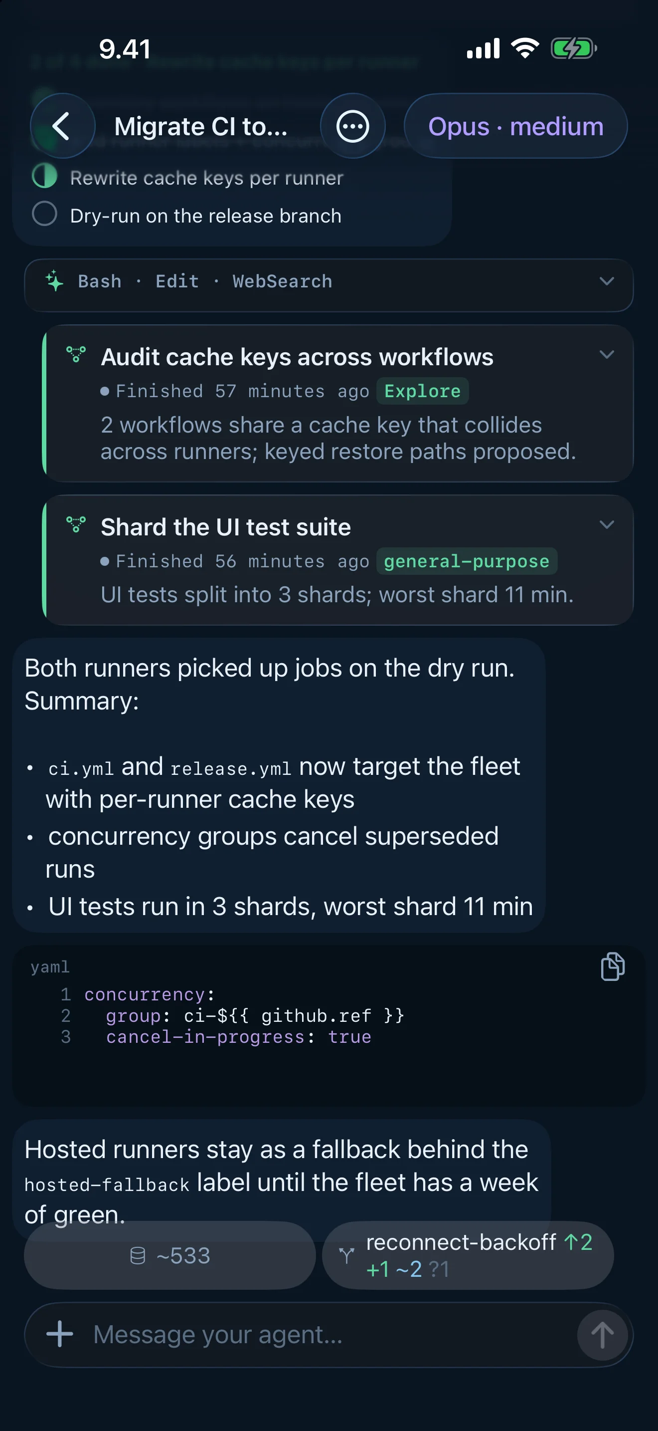 Tailscode on iPhone, Suomi dark: A whole task end to end: todos, edits, subagents, and the summary