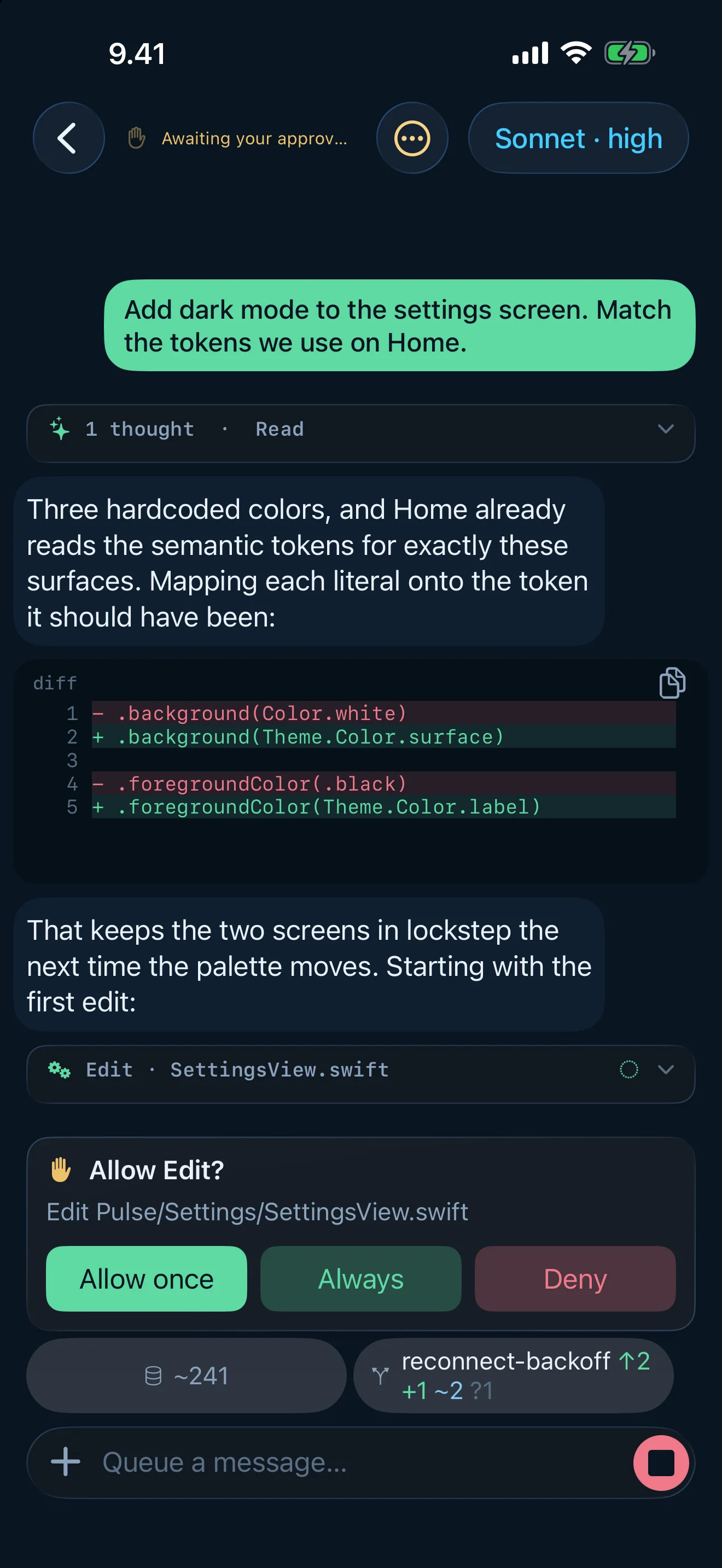 Tailscode on iPhone, Suomi dark: It asks before it edits — allow once, always, or deny, right in the chat