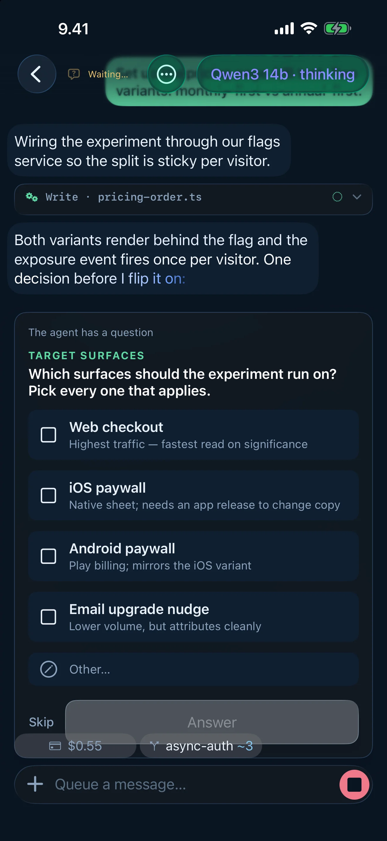 Tailscode on iPhone, Suomi dark: Answer the agent's questions with a tap instead of guessing what it wanted
