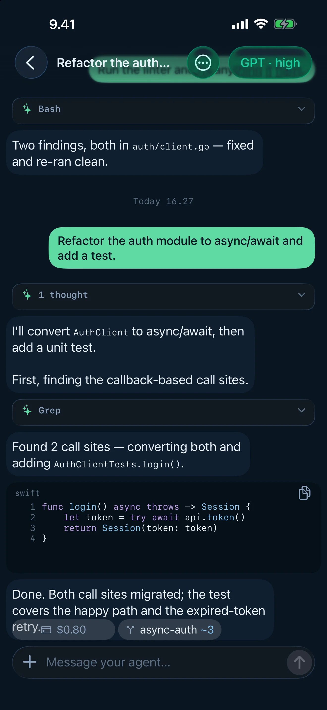 Tailscode on iPhone, Suomi dark: Markdown, syntax-highlighted code, and links render inline