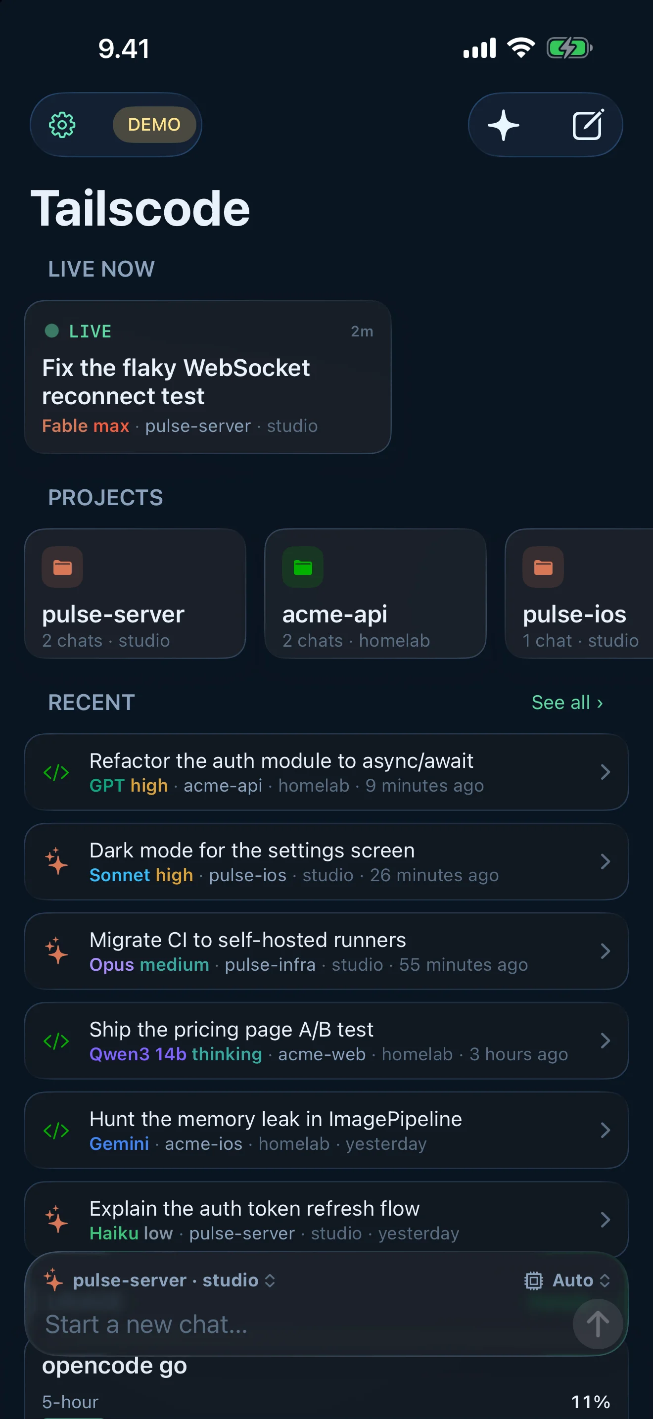Tailscode on iPhone, Suomi dark: Every agent and machine on one board, with a composer that starts the next chat