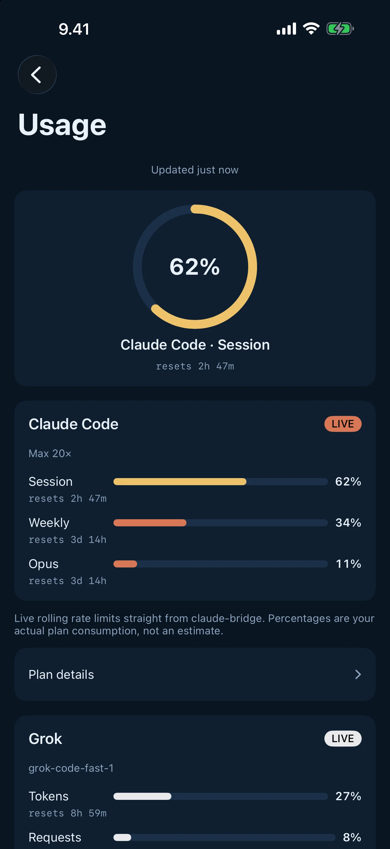 Tailscode on iPhone, Suomi dark: Live plan and quota gauges straight from your own machine