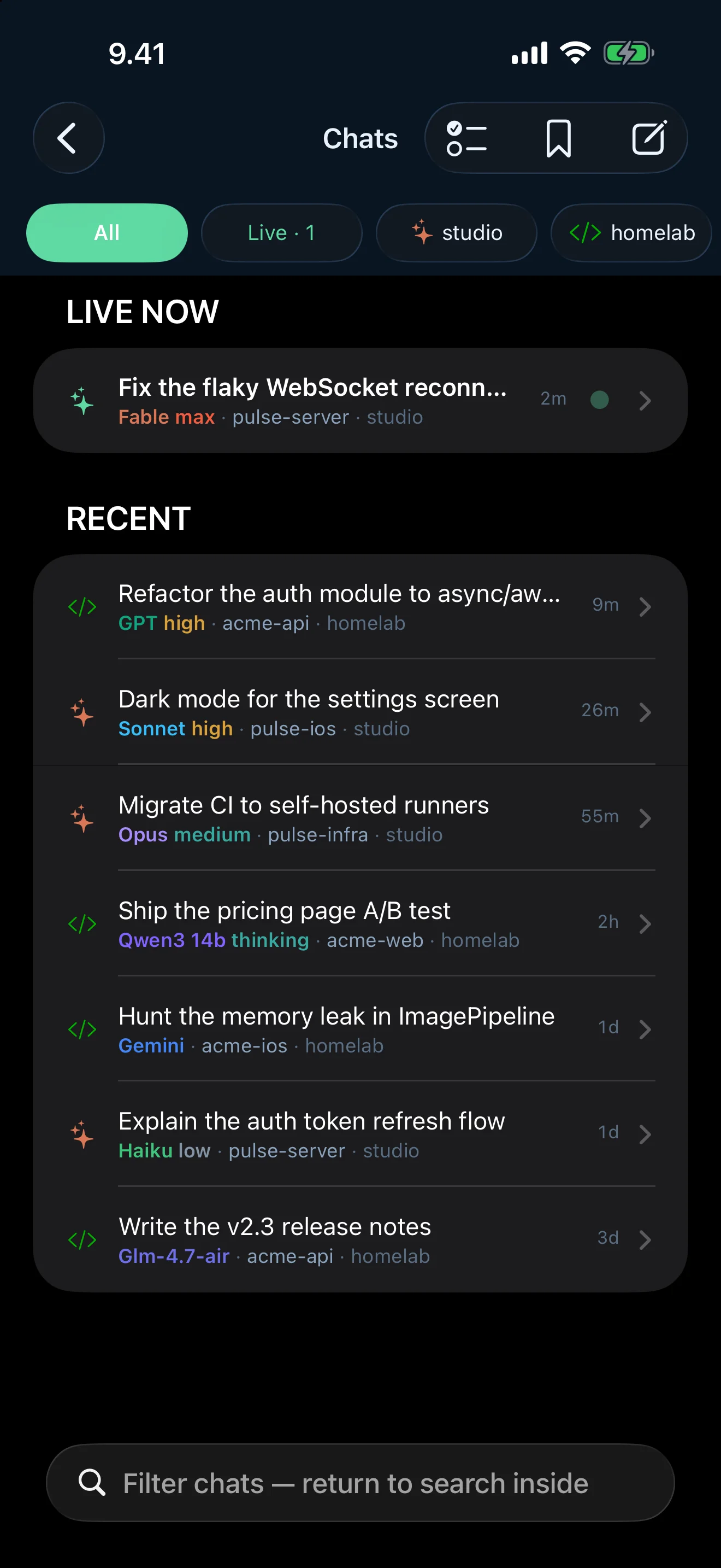 Tailscode on iPhone, Suomi dark: Every chat across every machine, filtered and searchable