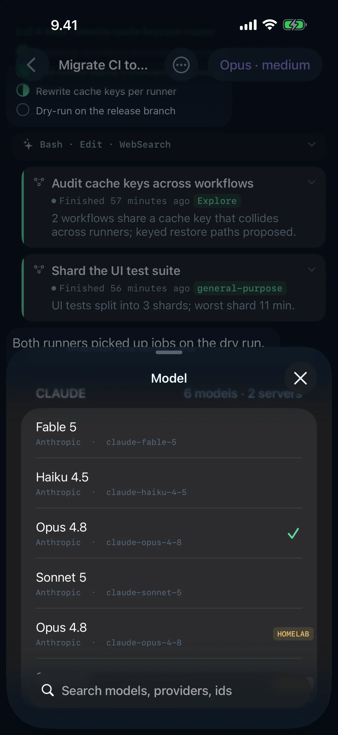 Tailscode on iPhone, Suomi dark: Any model, any reasoning effort, mid-conversation